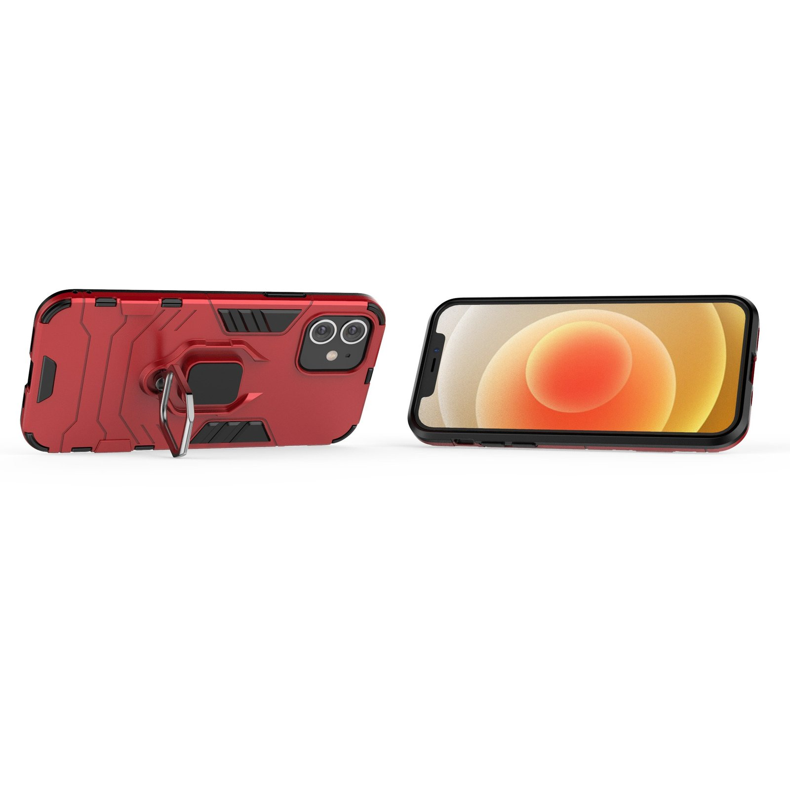 Funda roja con soporte de anillo y un teléfono. Ambos sobre fondo blanco.