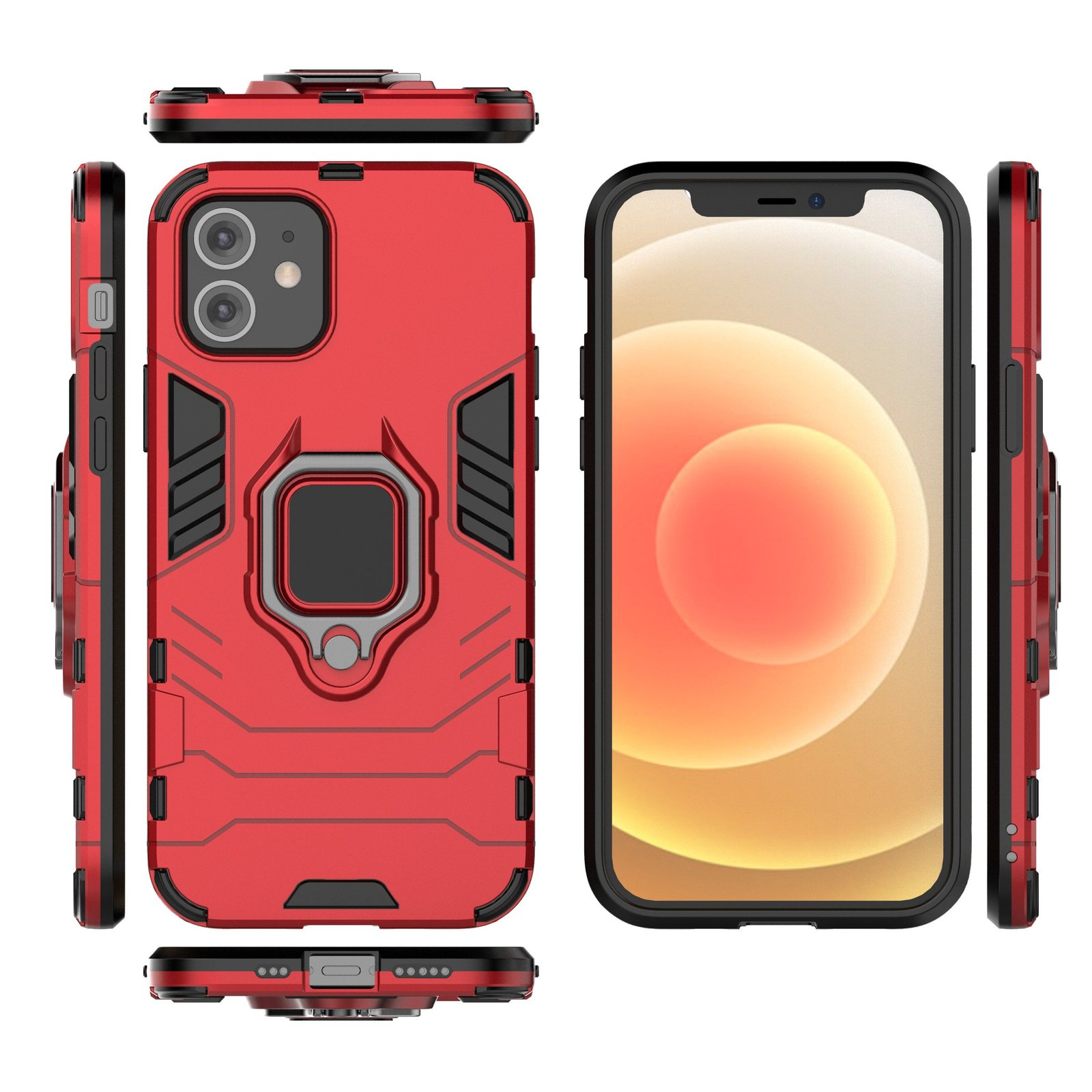 Varias vistas de una funda roja para teléfono con soporte de anillo y teléfono. El teléfono está a la derecha.