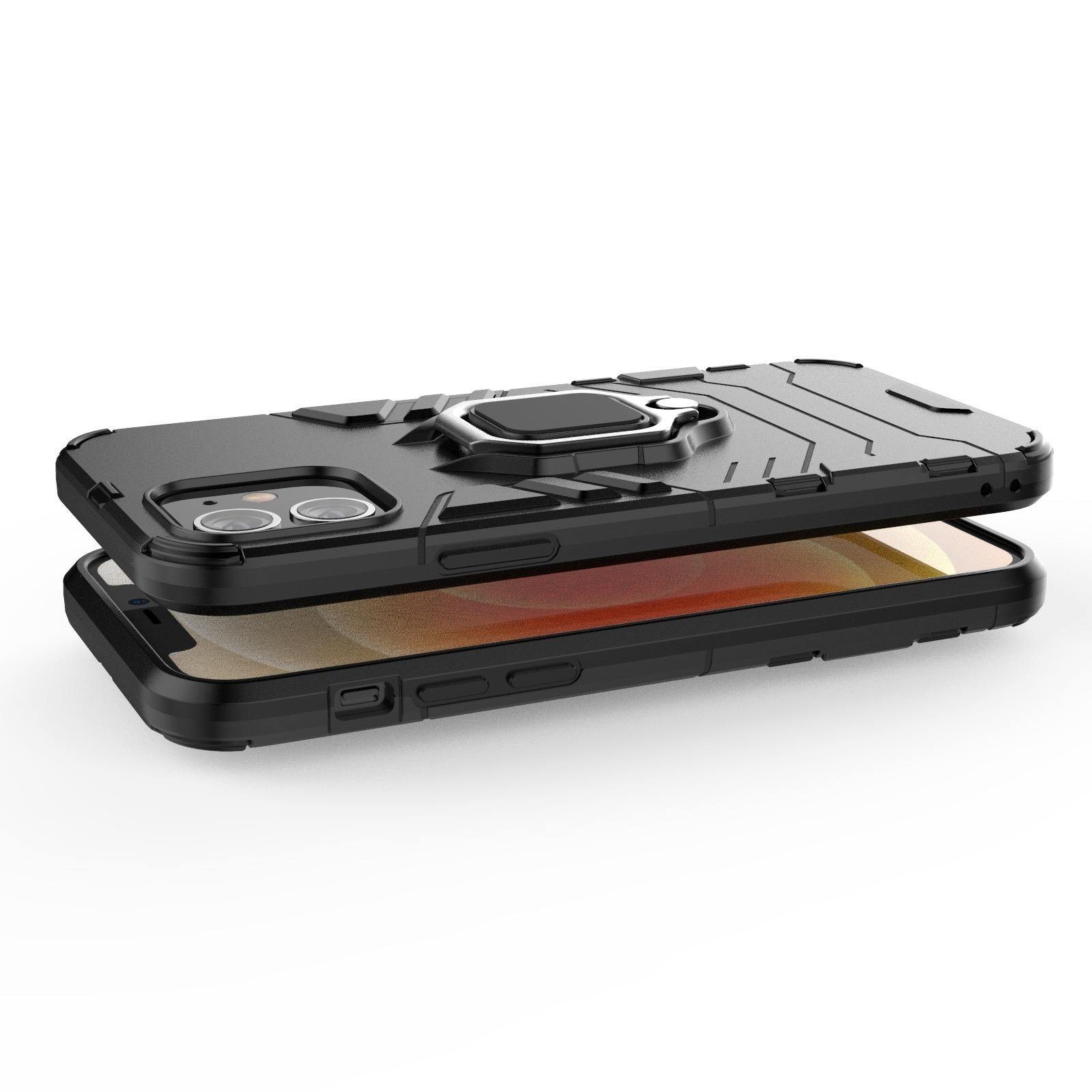 Funda de teléfono negra con soporte de anillo. Teléfono al frente, funda atrás. Fondo blanco.