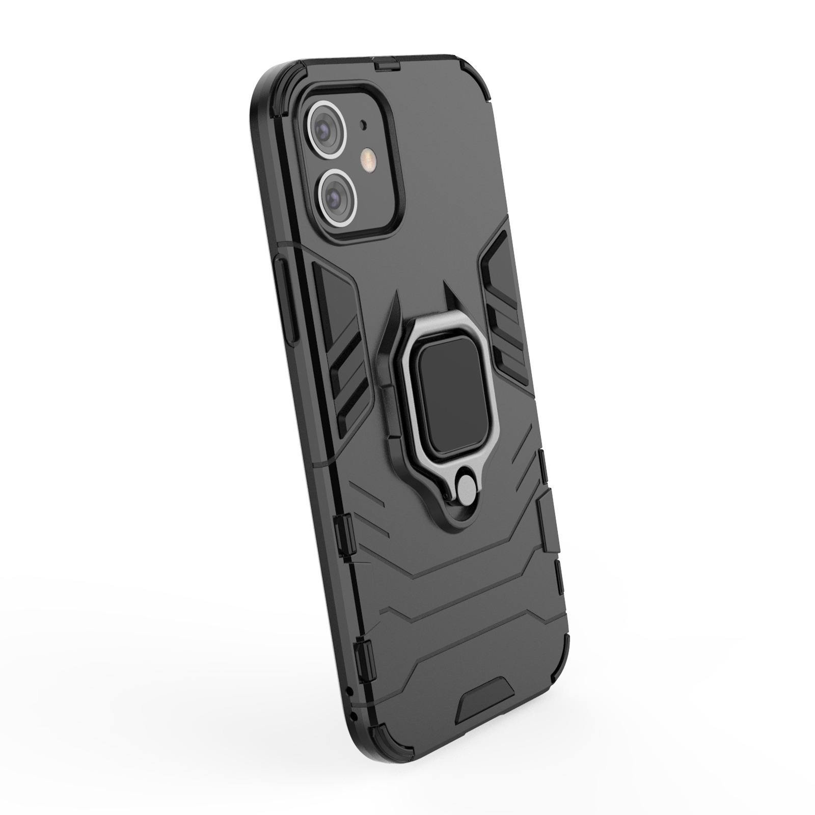 Funda negra para teléfono con soporte de anillo. Cámara visible. Fondo blanco.