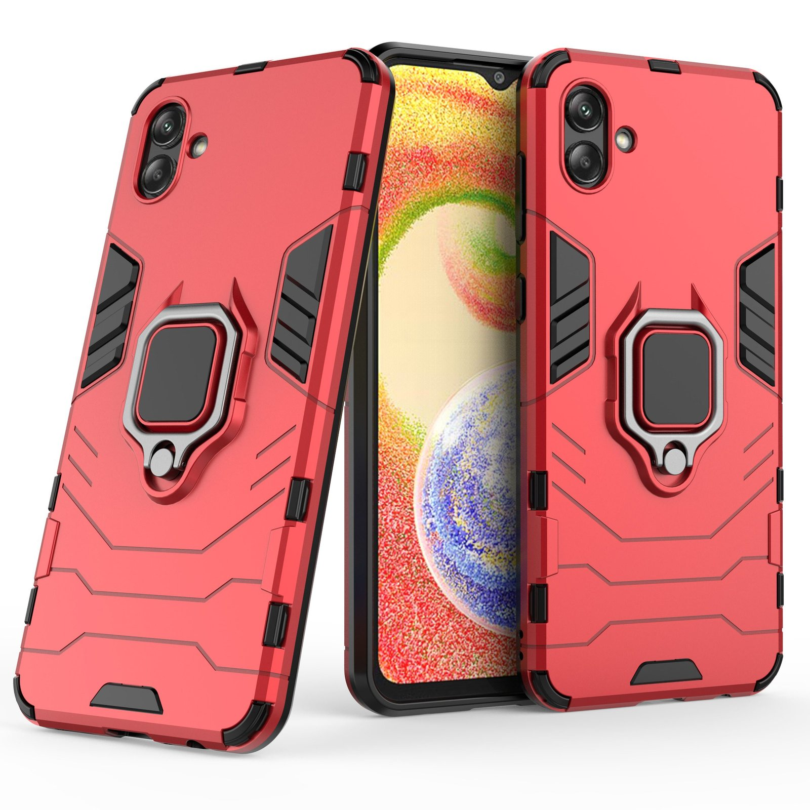 Fundas rojas para teléfonos con portaanillos. Una tiene el teléfono dentro. Todas sobre fondo blanco.