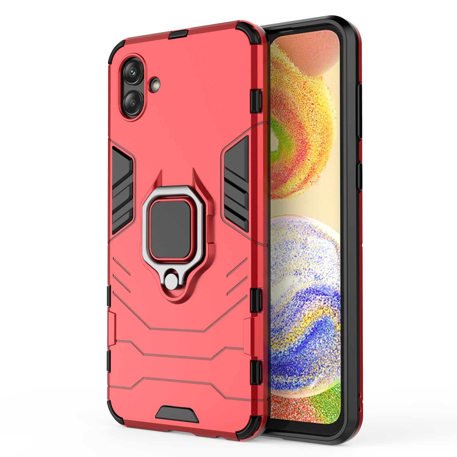 Funda roja con soporte de anillo y teléfono con fondo colorido. Fondo blanco.