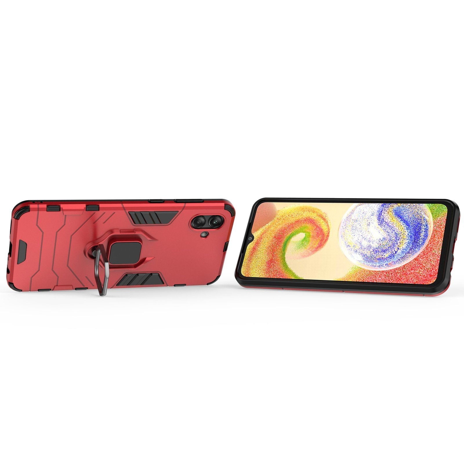 Dos fundas de teléfono rojas con soporte de anillo. Un teléfono con pantalla colorida está dentro.