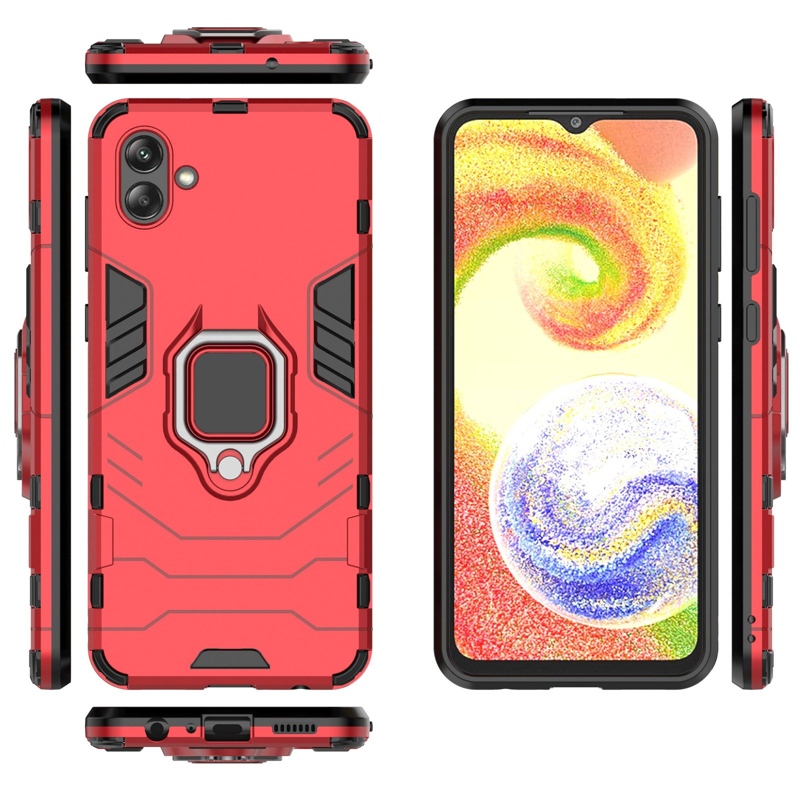 Funda de teléfono roja con marco negro. La pantalla del teléfono está a la derecha. La funda tiene un soporte de anillo. Varios ángulos son visibles.