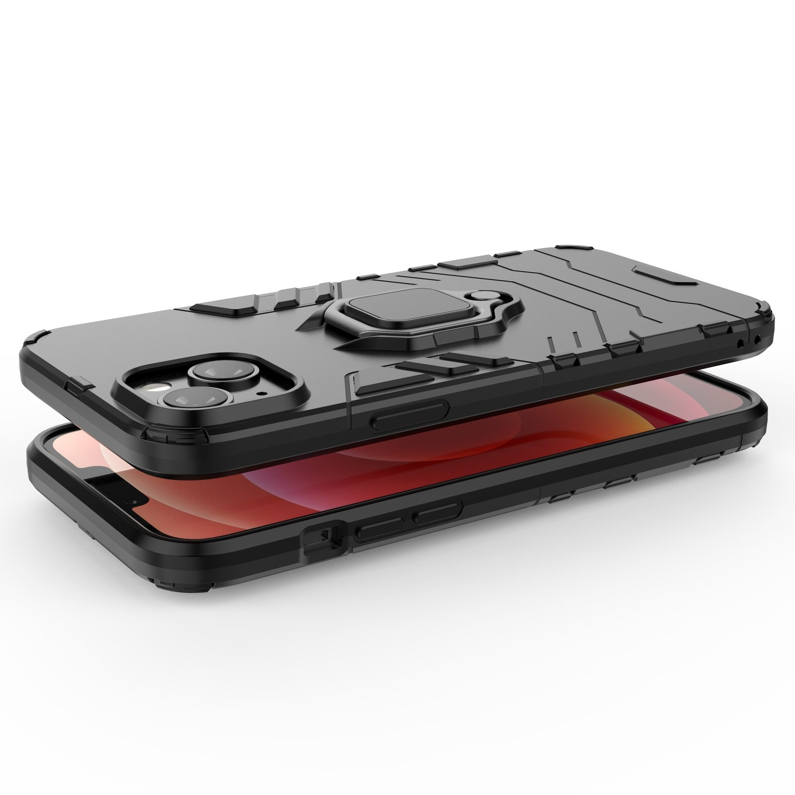 Dos fundas negras, una encima de la otra, con soportes de anillo y un teléfono rojo dentro.