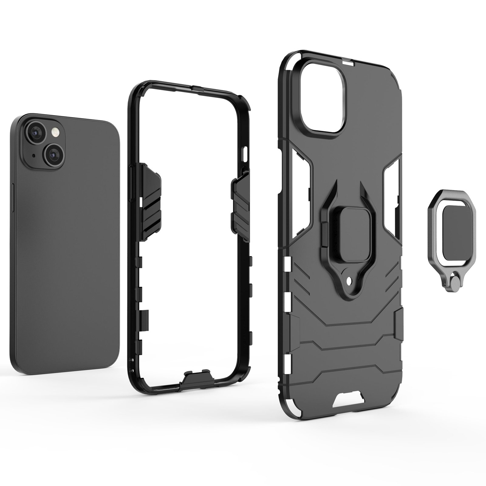 Piezas de funda negra para teléfono con soporte de anillo y teléfono. Fondo blanco.
