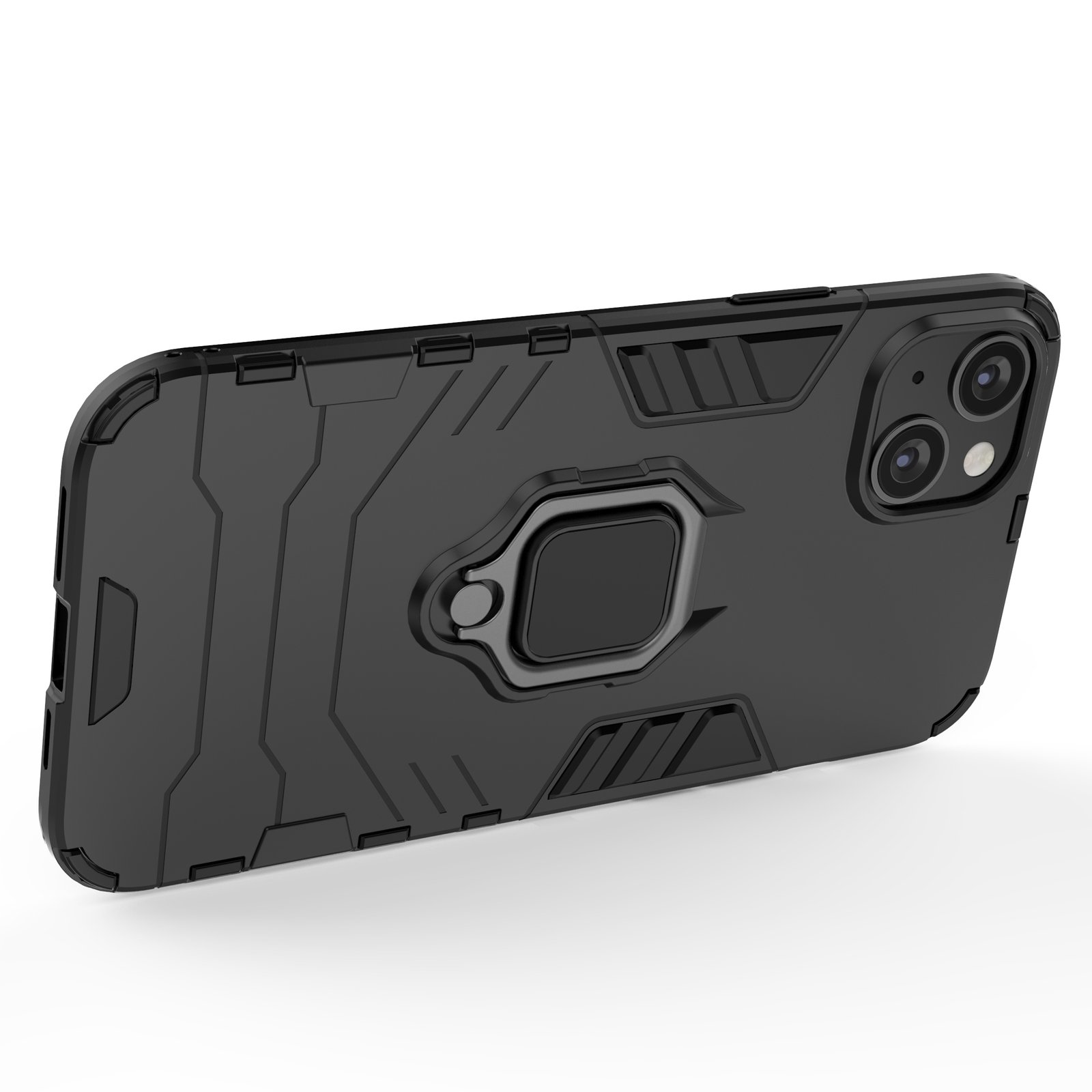 Funda de teléfono negra con soporte de anillo, sobre blanco. La funda está en ángulo y muestra la parte trasera.