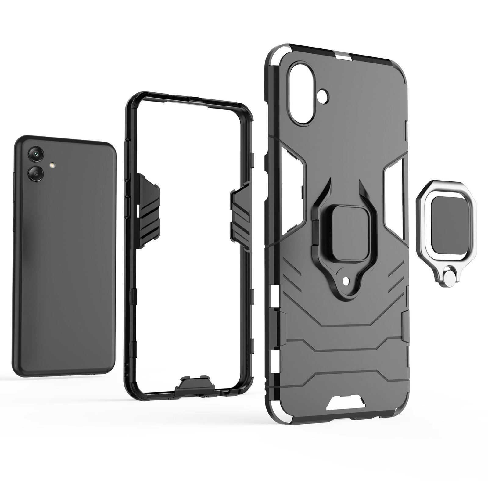 Componentes de teléfono negro y plateado: teléfono, marco de la funda, parte trasera de la funda, soporte de anillo. Fondo blanco.