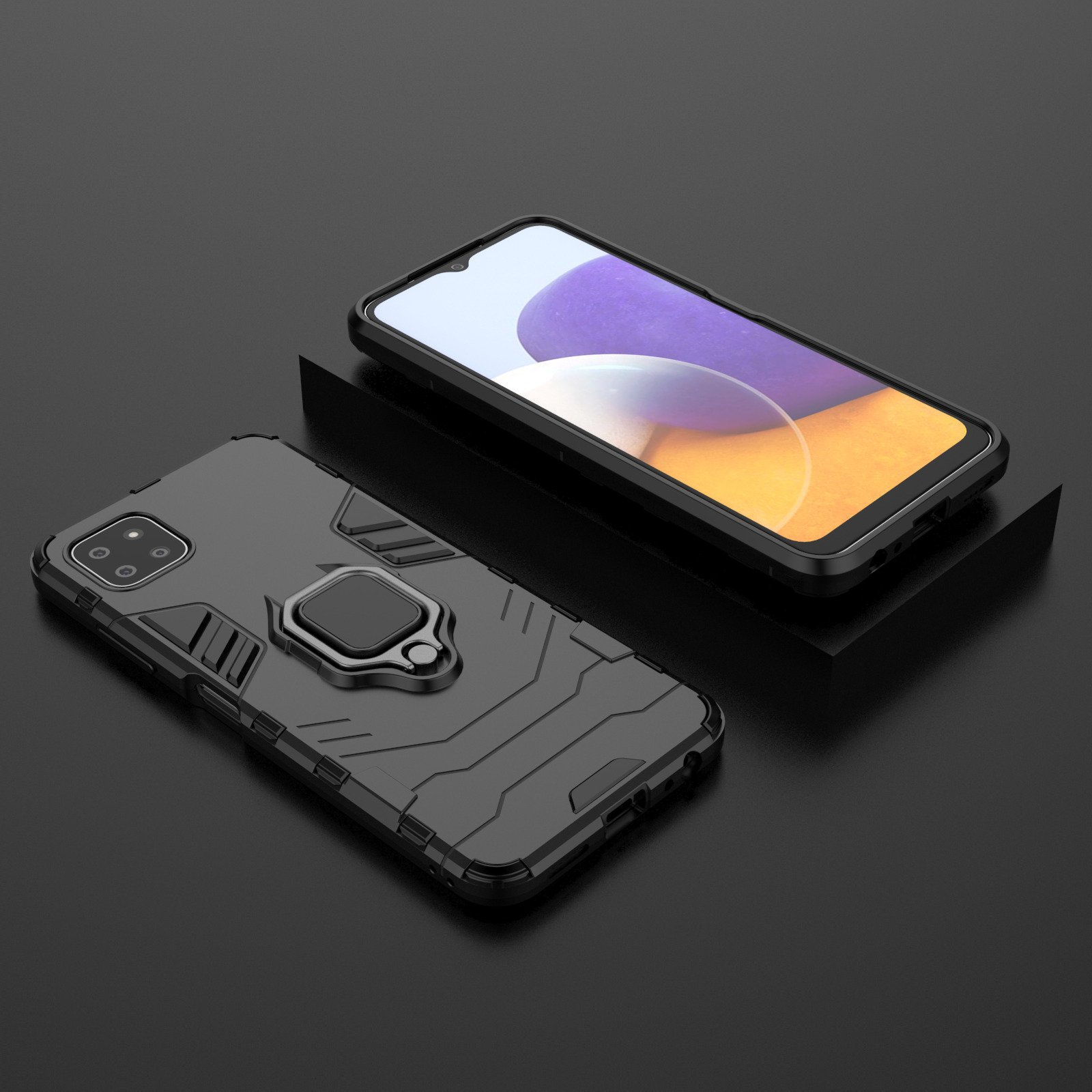 Una funda negra para teléfono con soporte de anillo, sobre una superficie oscura, mostrando la pantalla de un teléfono.