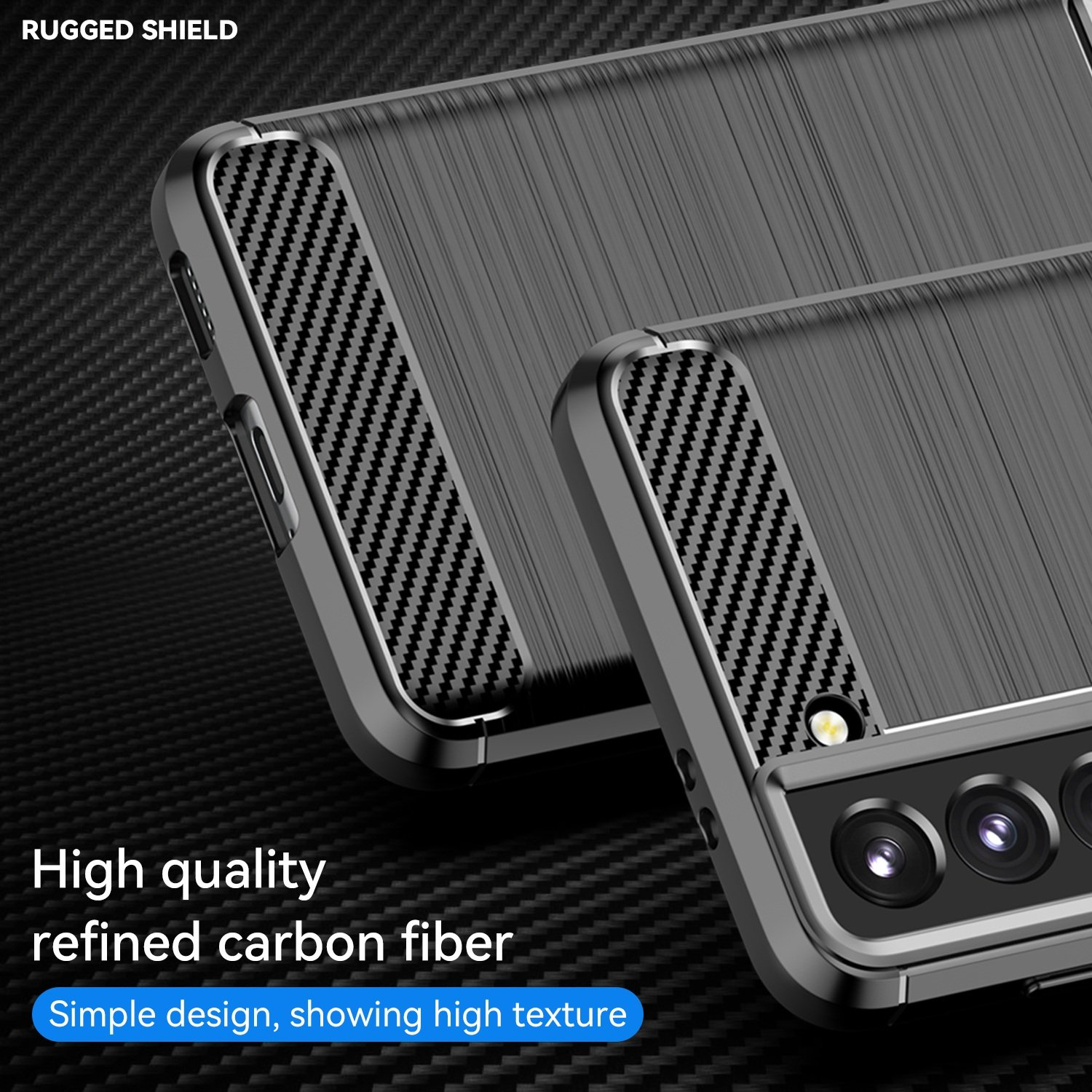 Se muestran dos fundas negras para teléfono con textura de fibra de carbono. Los textos dicen: 'Escudo resistente', 'Alta calidad'.