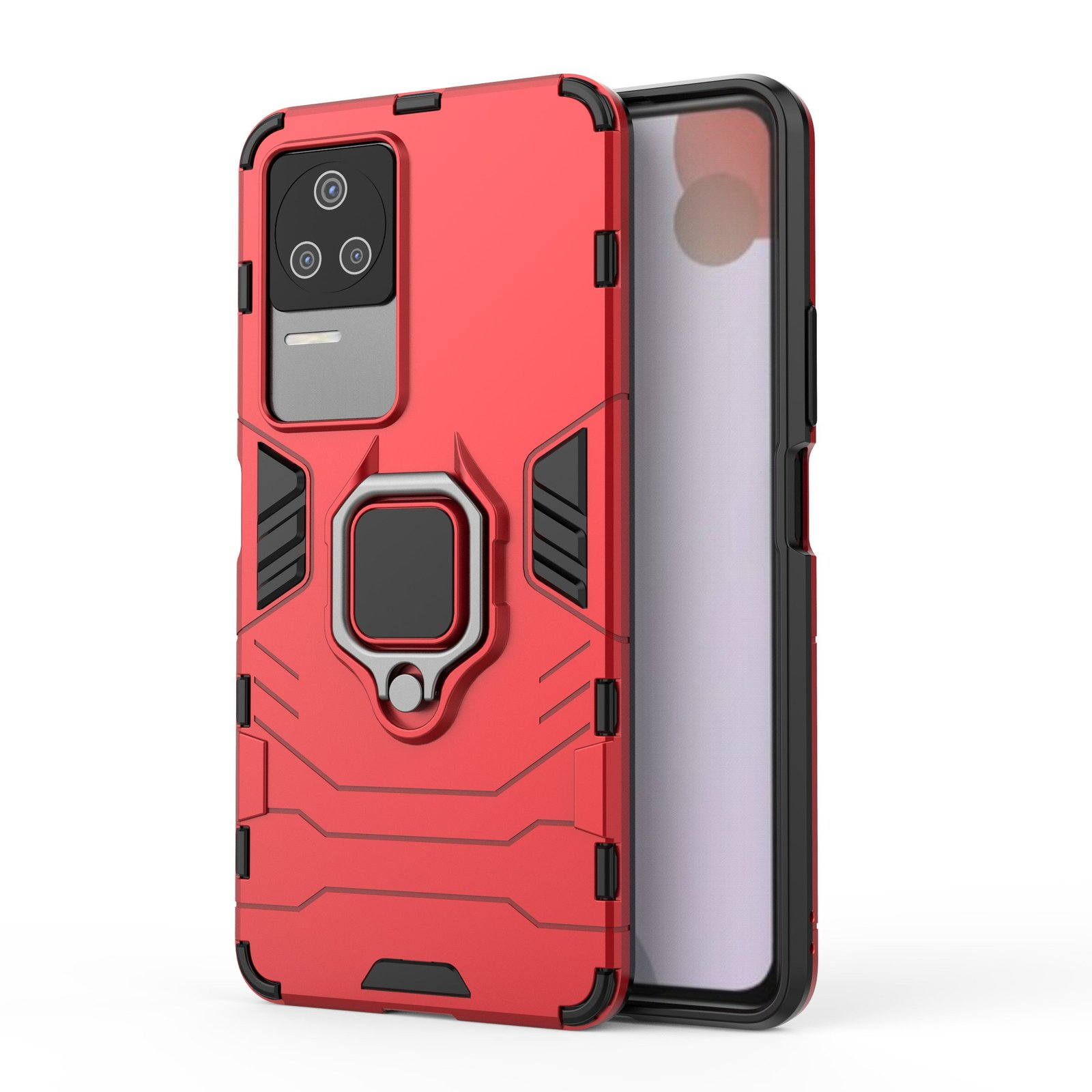 Funda roja con soporte de anillo, pantalla de teléfono visible, diseño negro y rojo.