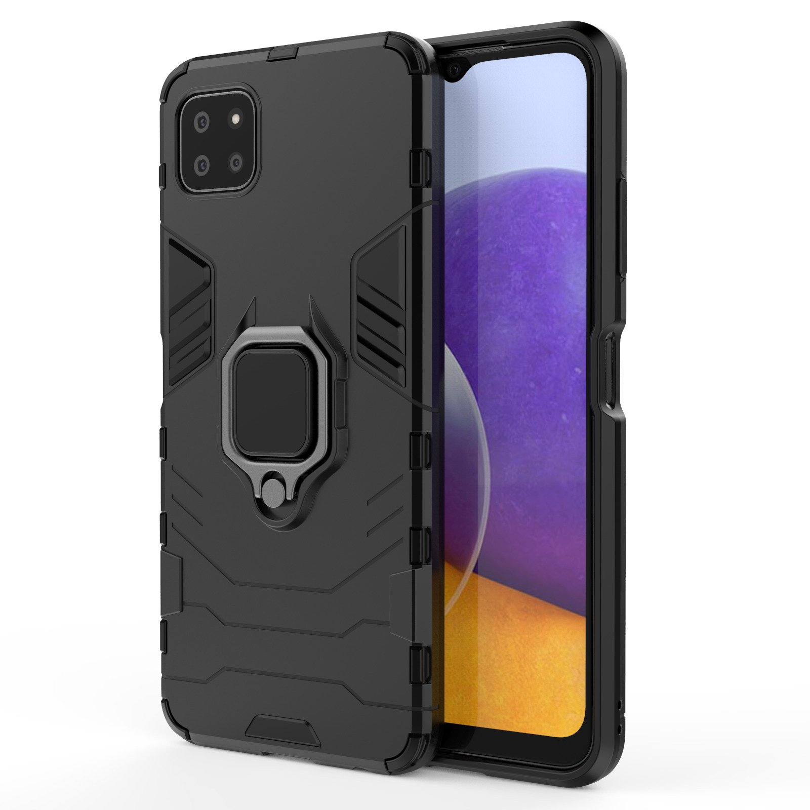 Una funda negra para teléfono con un soporte de anillo. La pantalla del teléfono es visible. El teléfono está sobre un fondo blanco. El teléfono es morado.