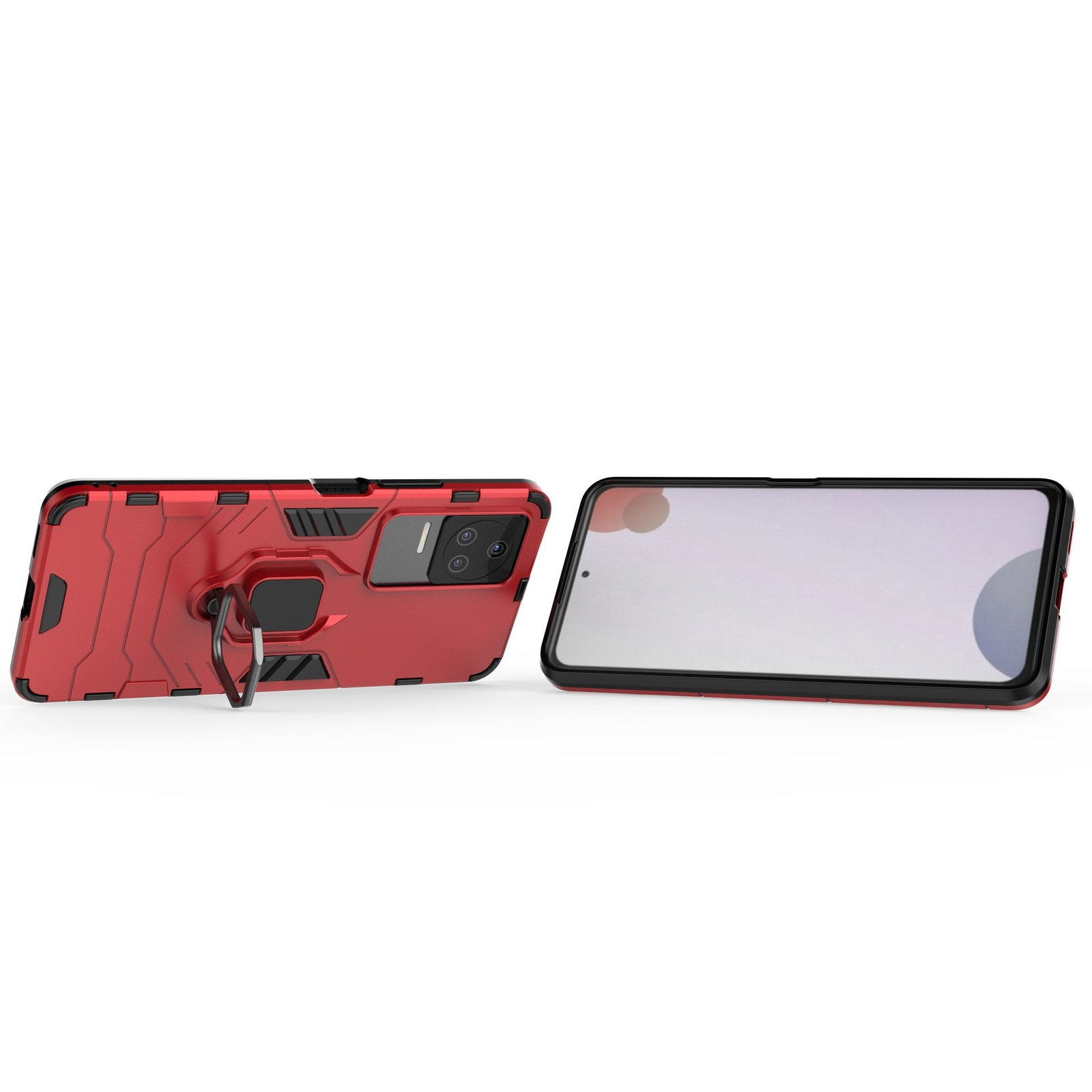 Funda roja para teléfono con soporte de anillo junto a un teléfono con pantalla colorida. La funda tiene un diseño protector.