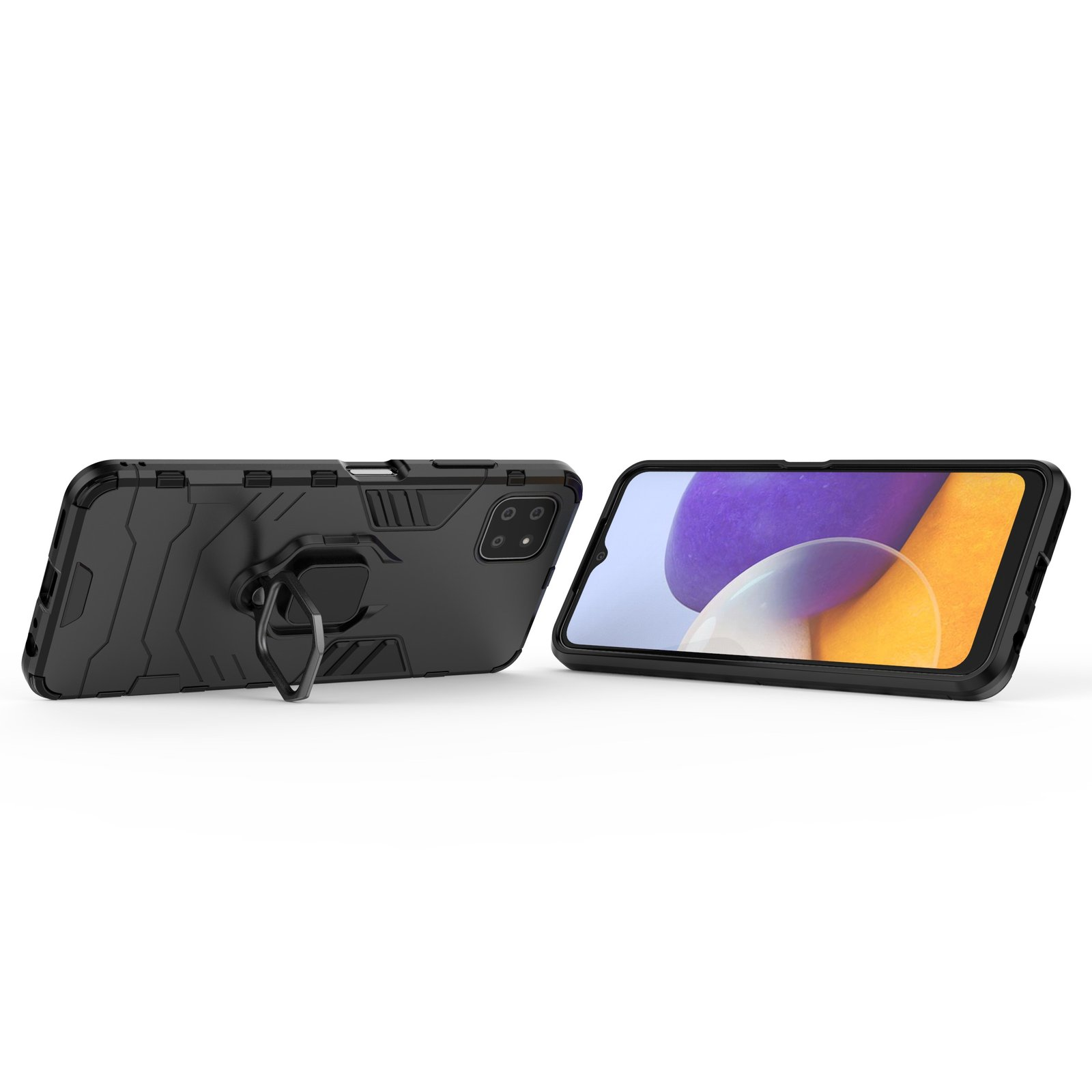 Funda de teléfono negra con un teléfono dentro. Varios ángulos. Fondo blanco.