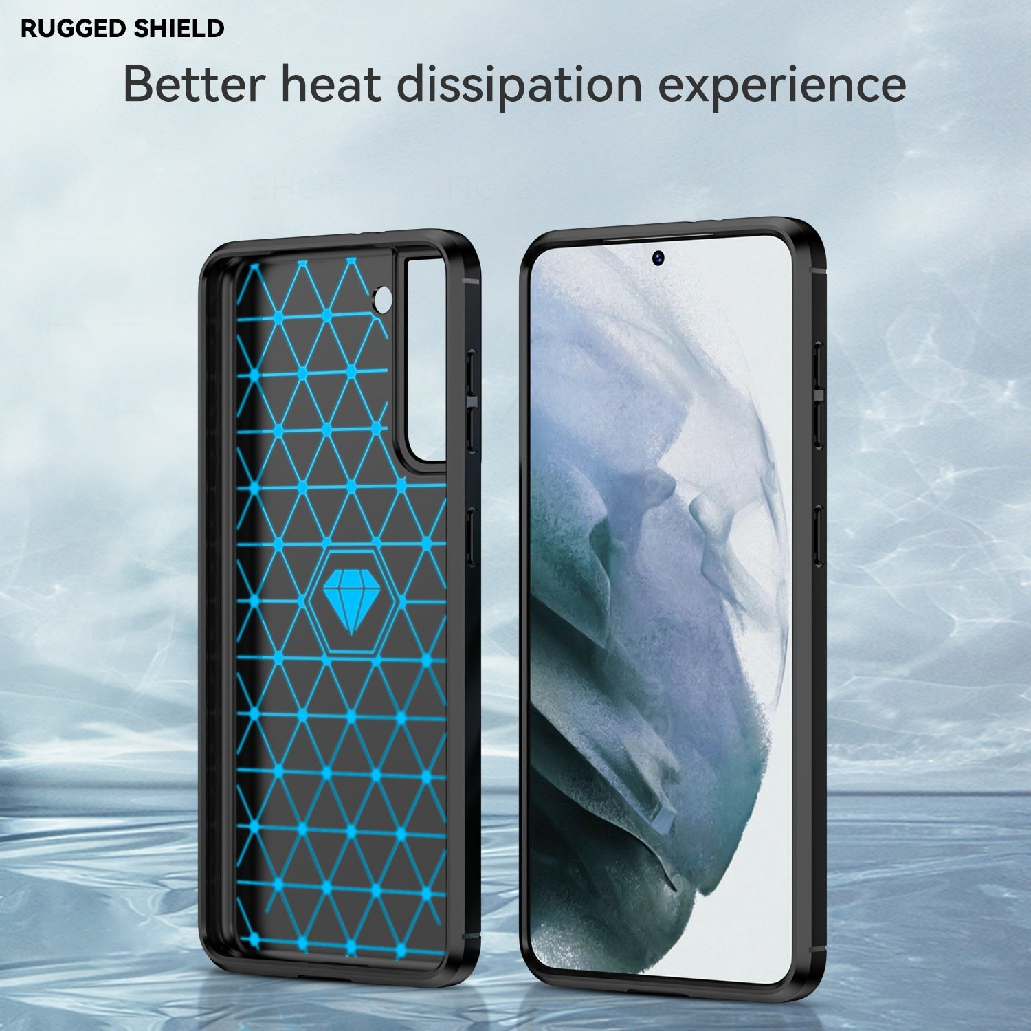 Dos fundas de teléfono, una con teléfono, mejor diseño de disipación de calor. Patrón geométrico azul. Fondo blanco.