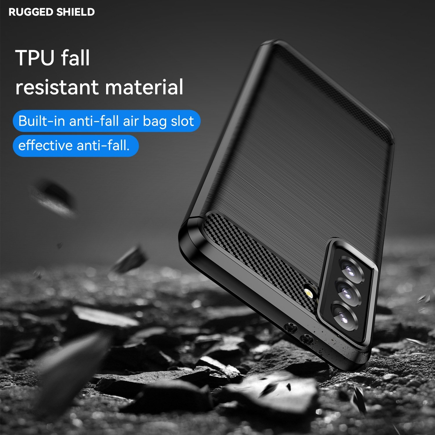 Funda negra para teléfono con texto contra blanco, en ángulo. La funda está contra fondo blanco.