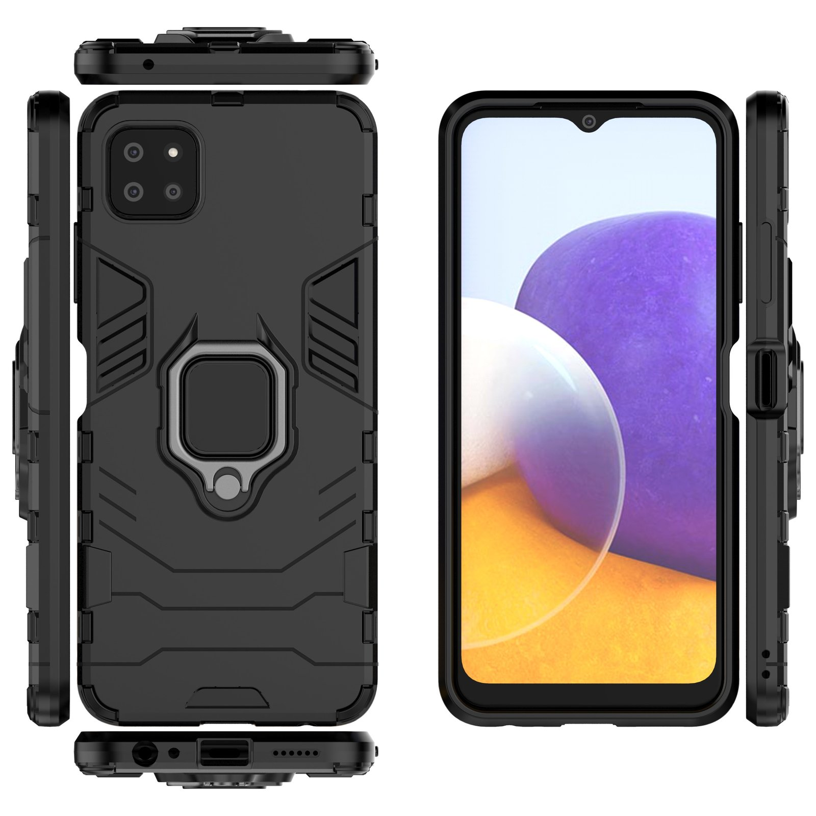 Funda de teléfono negra con soporte de anillo. Teléfono con pantalla. Fondo blanco.