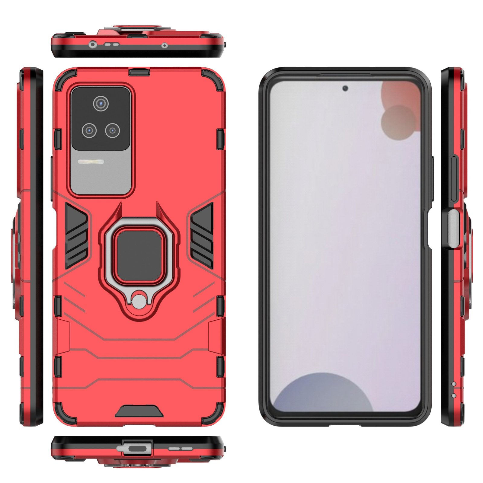 Funda roja con detalles negros. Múltiples vistas mostrando soporte de anillo y recortes de cámara.