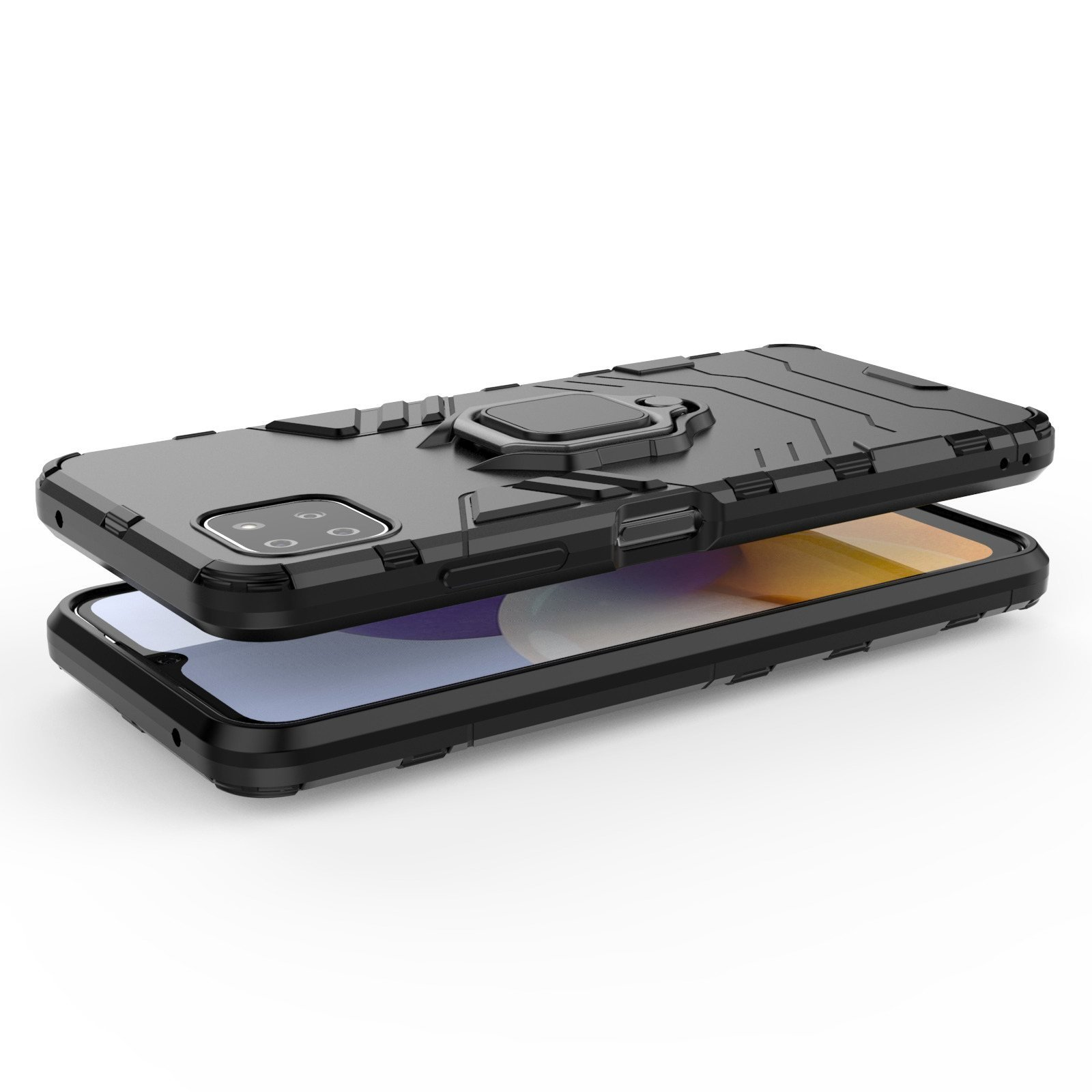 Funda negra con soporte de anillo, pantalla visible, en una configuración de dos partes.