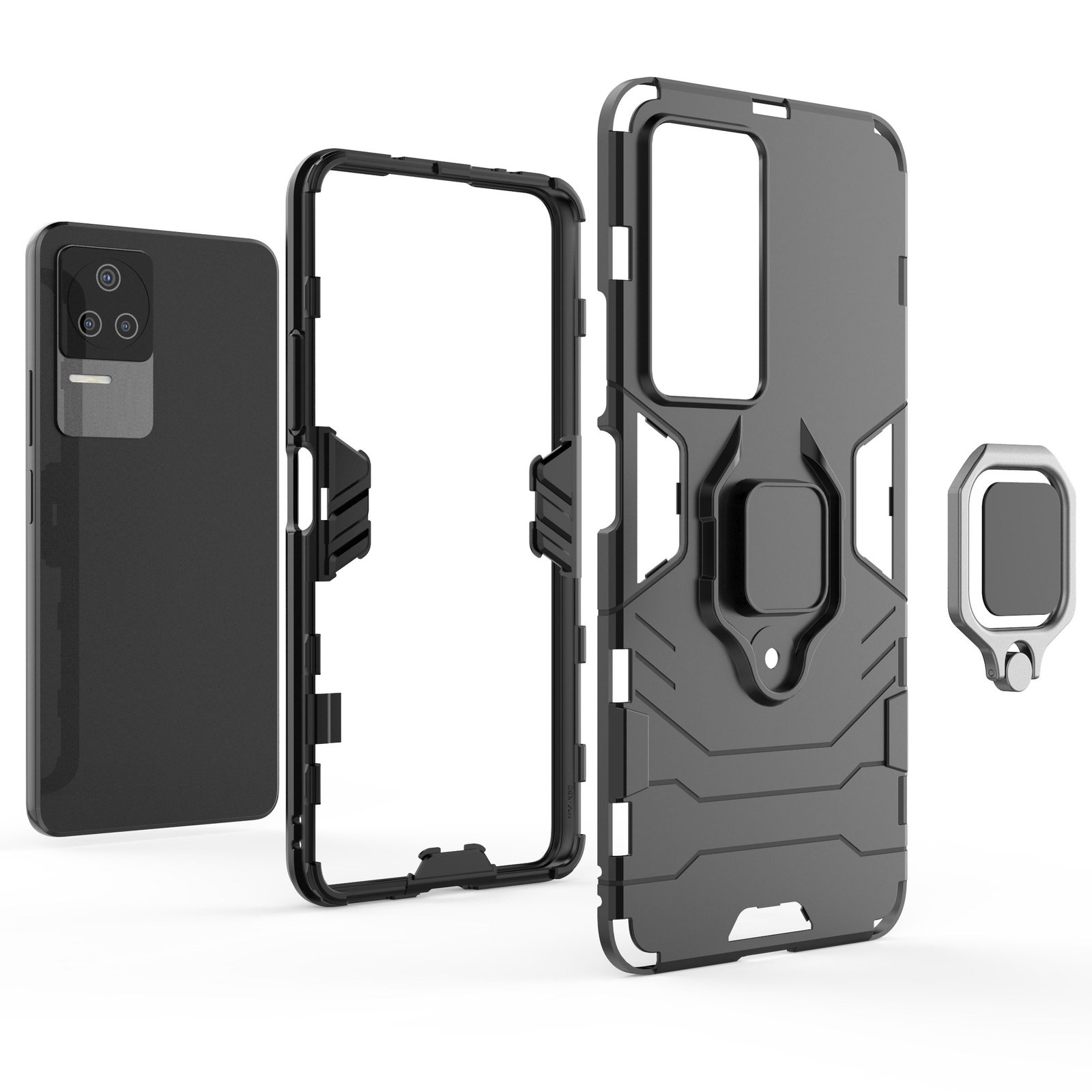 Componentes de la funda del teléfono negro colocados. Teléfono, marco y partes de la funda separadas.
