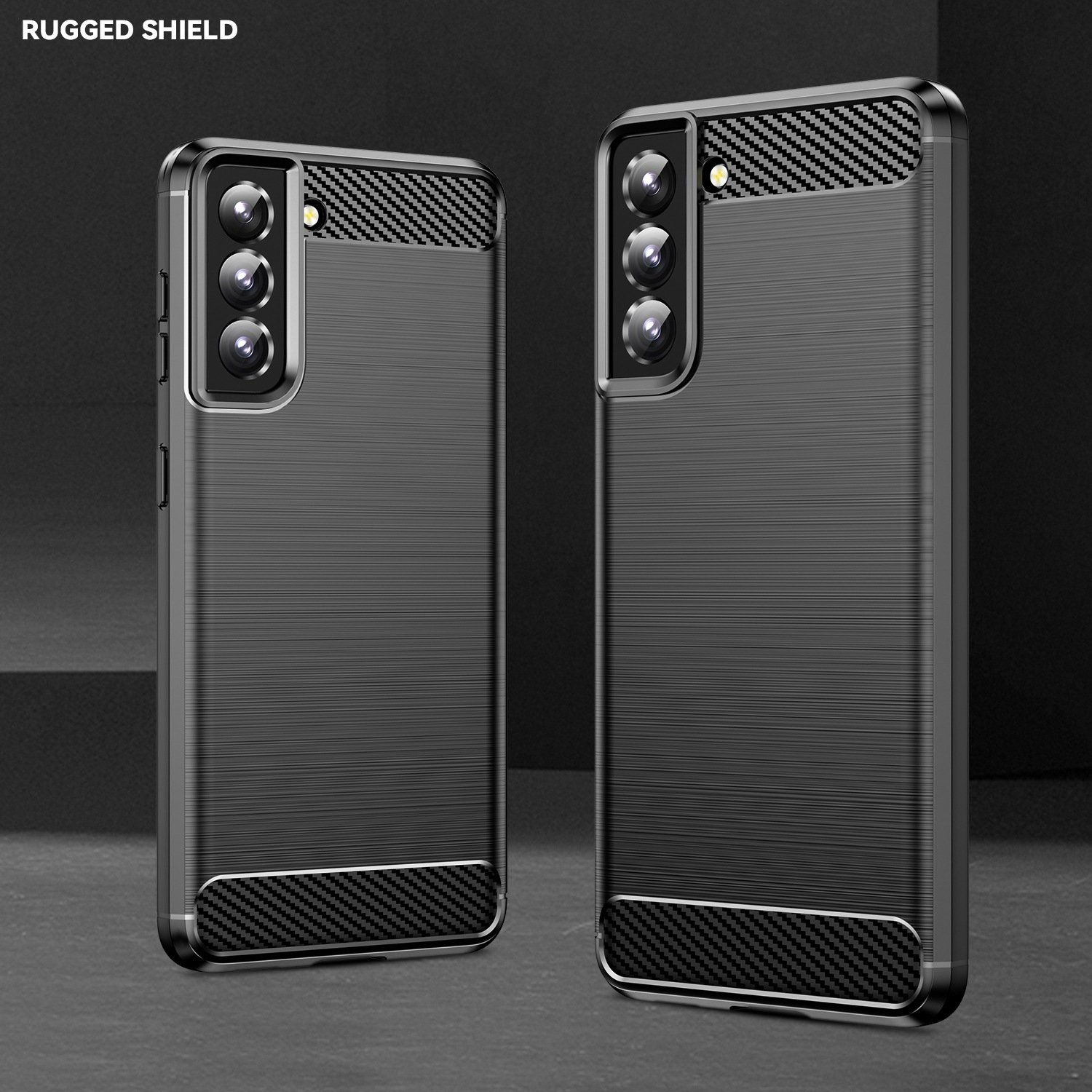 Dos fundas negras con diseño texturizado. Fondo oscuro.
