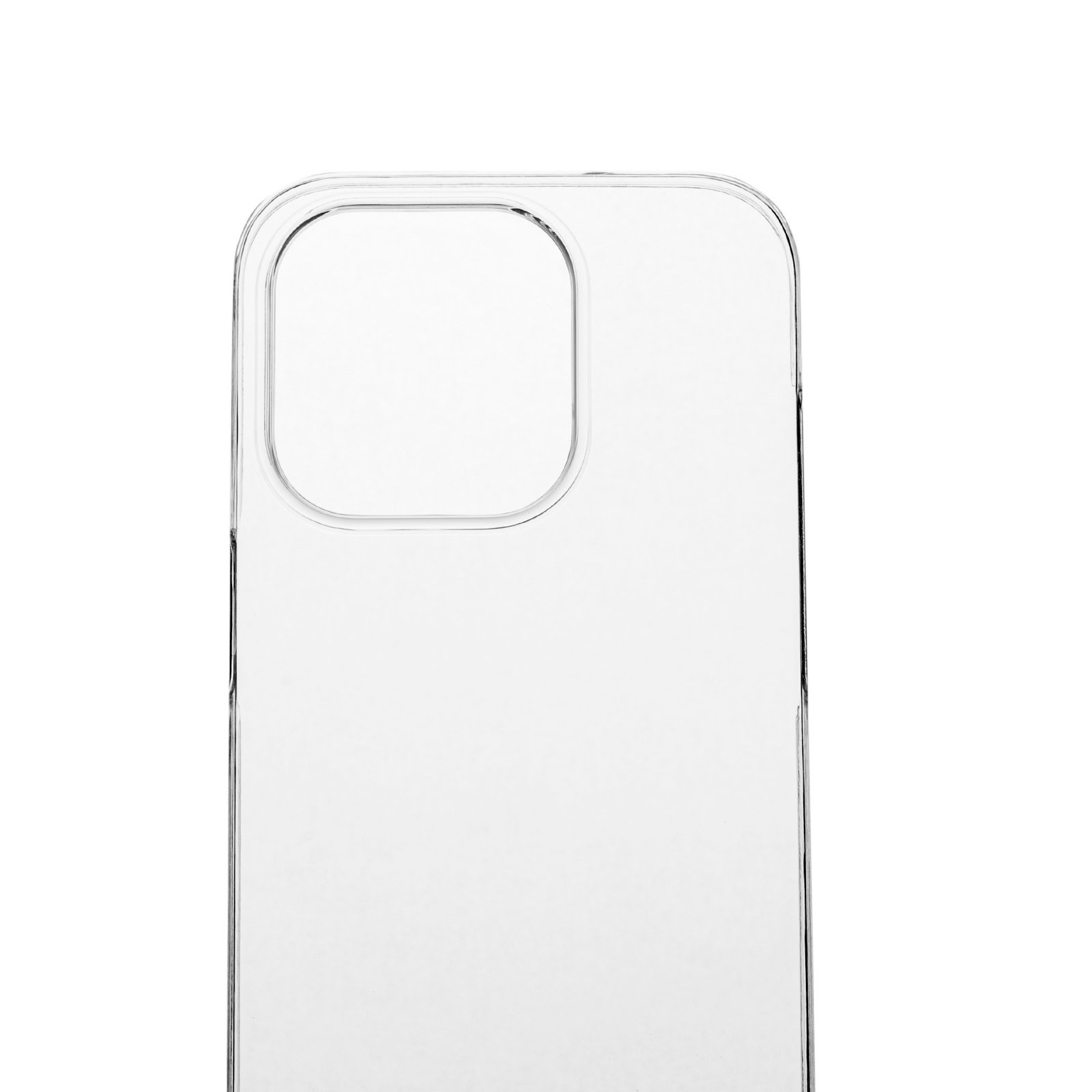 Funda de teléfono transparente, mostrando el recorte de la cámara, sobre un fondo blanco.