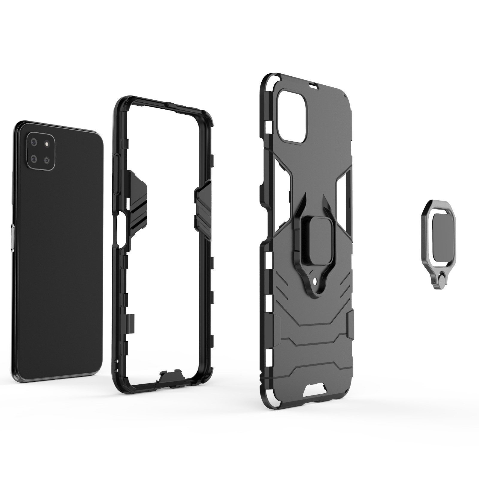 Componentes de funda negra separados: tapa trasera, marco y soporte de anillo.