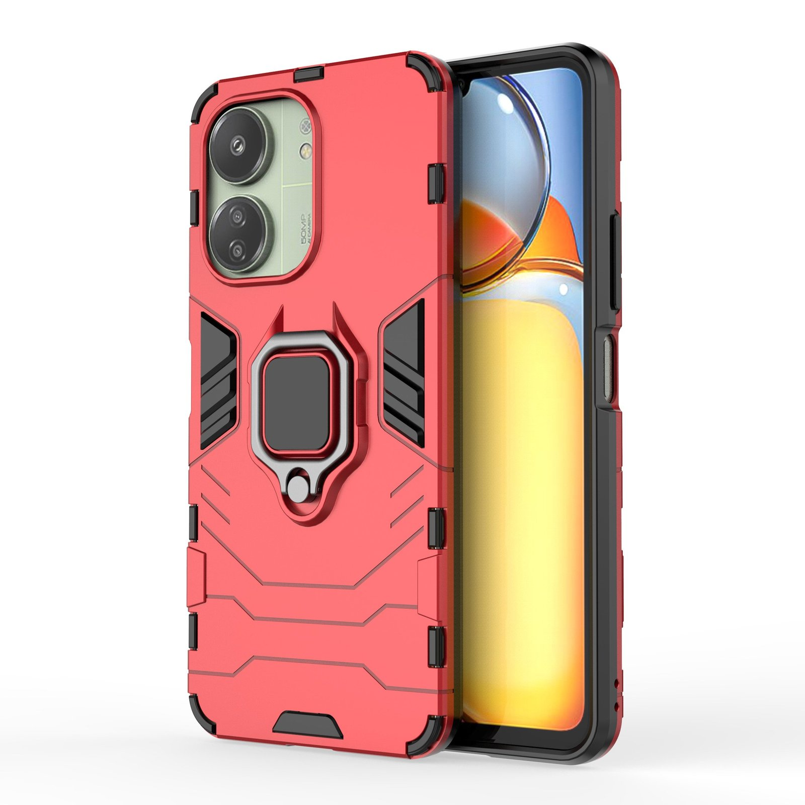 Funda roja con teléfono dentro y soporte de anillo.
