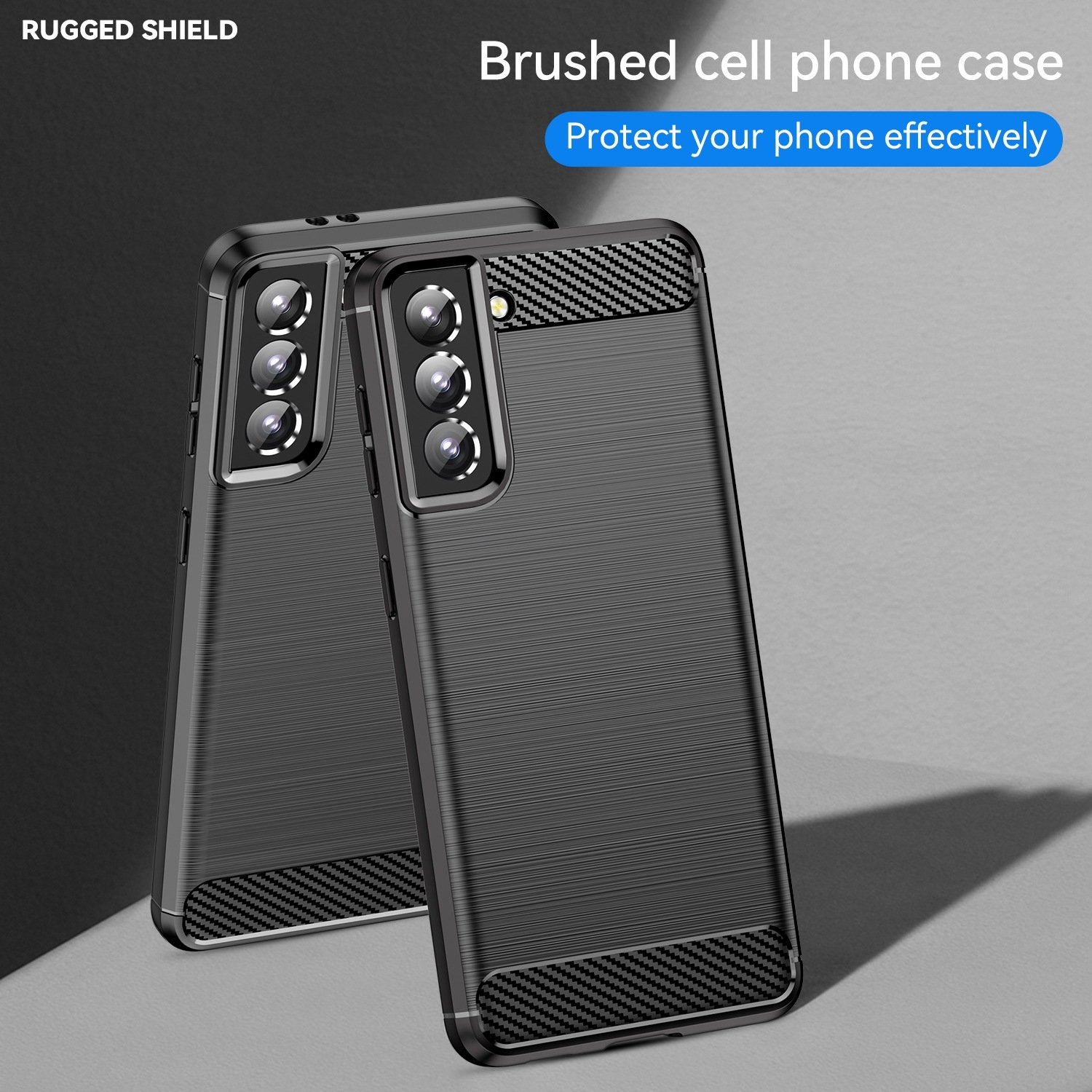 Dos fundas negras para teléfonos. Textura cepillada en las fundas. Las fundas protegen los teléfonos.