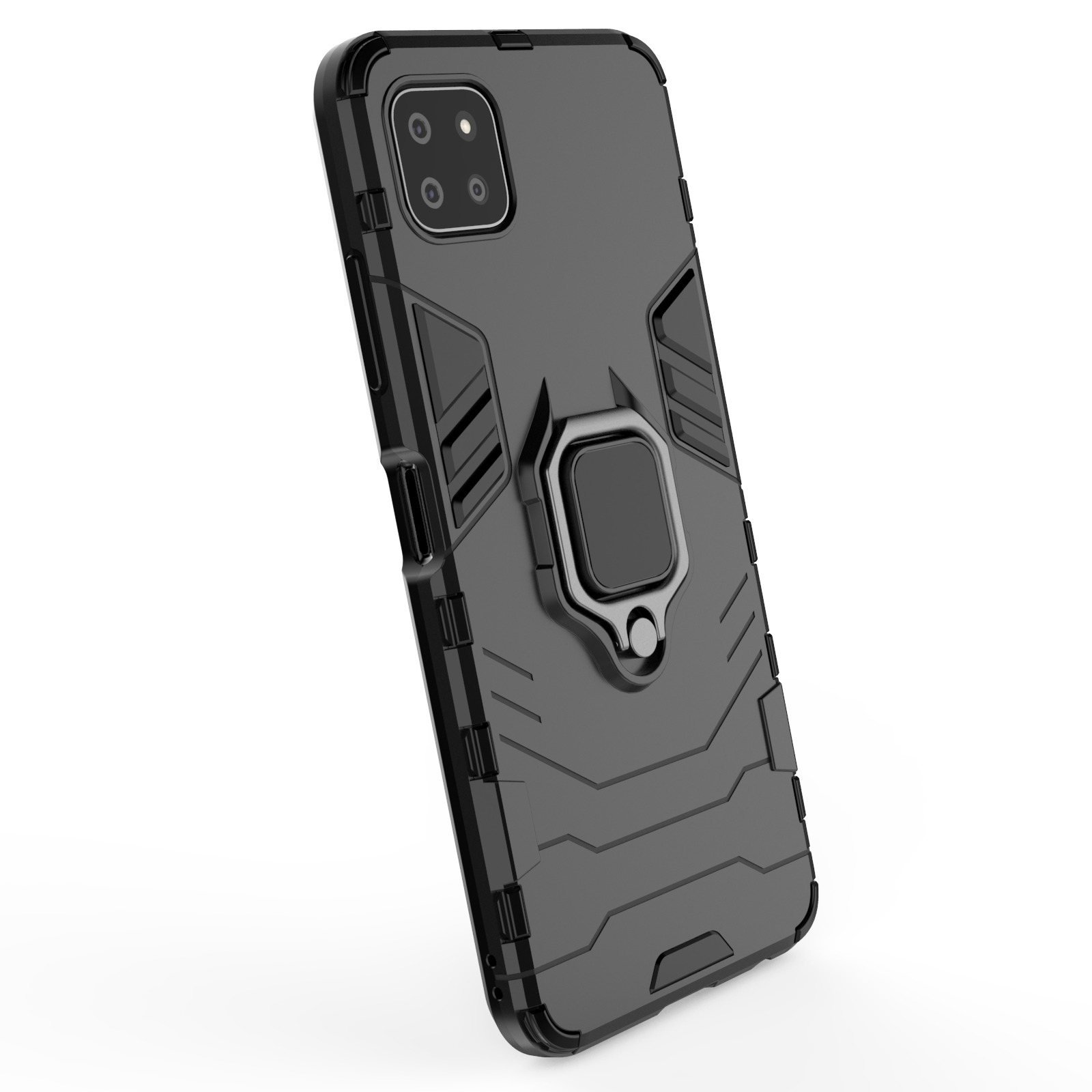 Funda negra para teléfono con soporte de anillo, mostrando el teléfono en ángulo sobre una superficie reflectante.