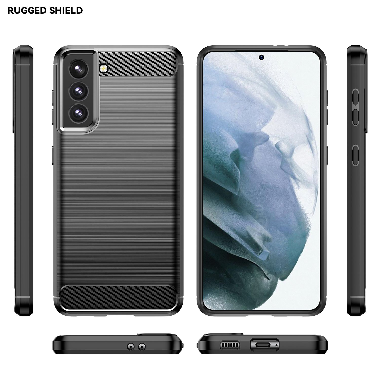 Funda negra para teléfono con detalle de fibra de carbono. Vistas frontal, lateral e inferior del teléfono.