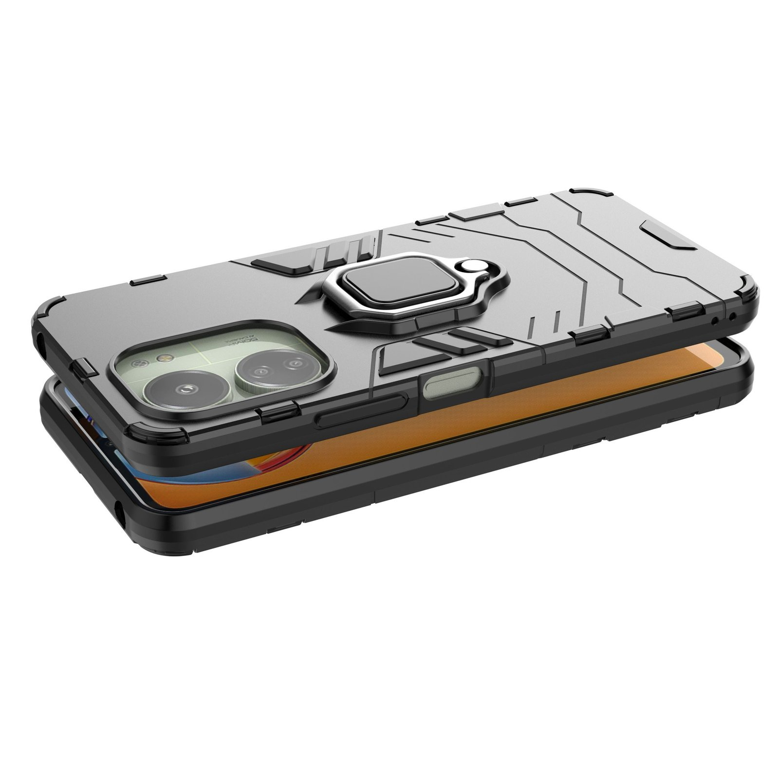 Una funda negra con soporte de anillo. La funda está encima del teléfono.