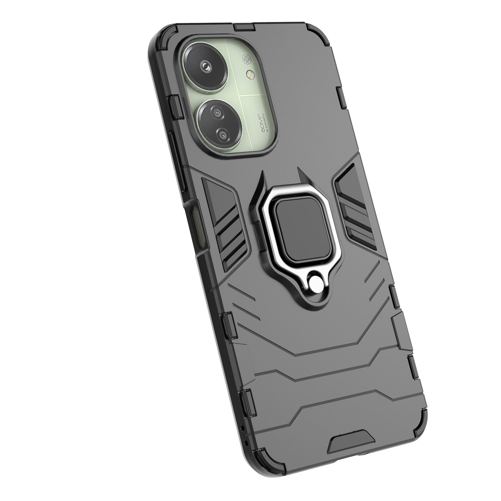 Funda de teléfono gris con soporte de anillo. Vista en ángulo. Fondo blanco.