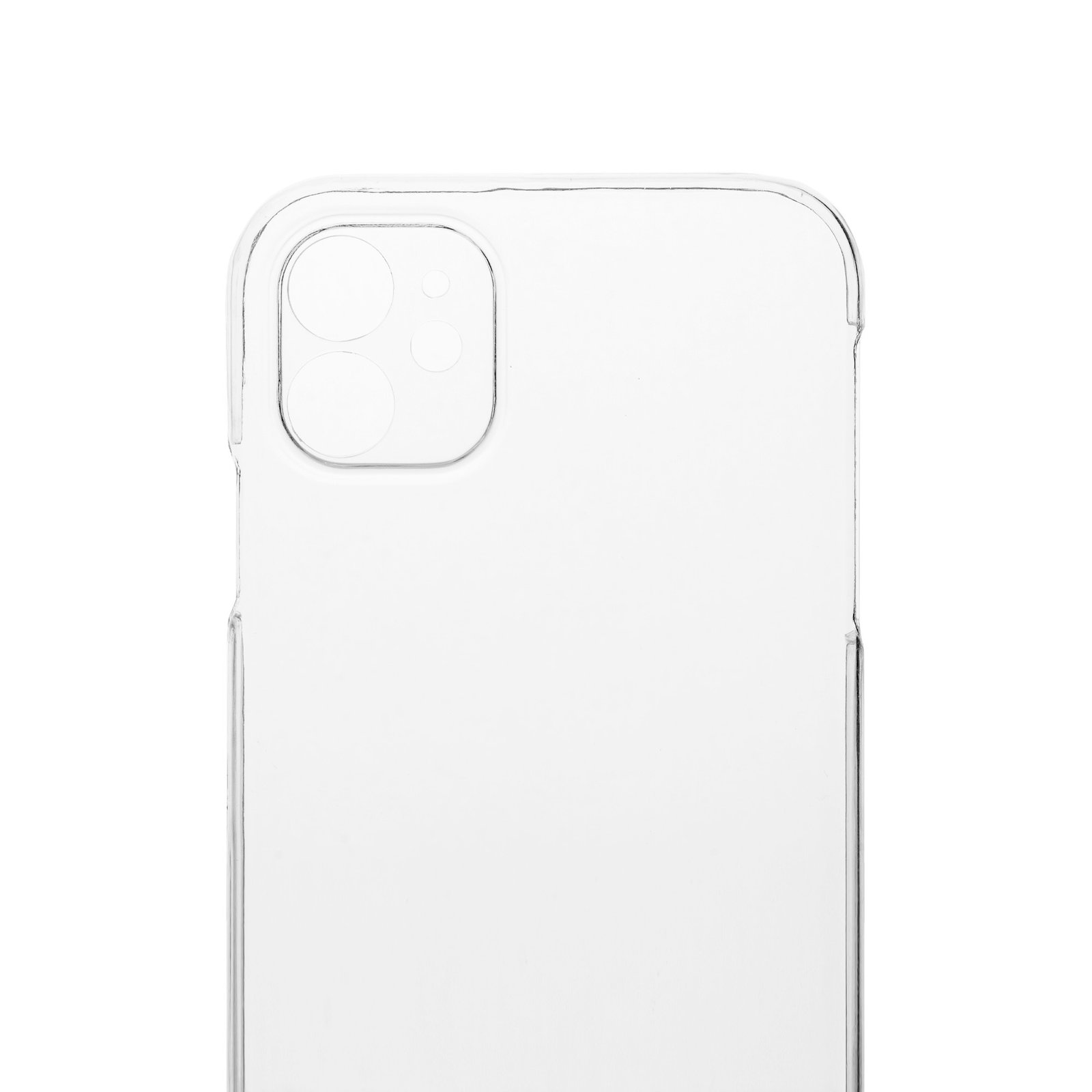 Primer plano de una funda transparente para teléfono. Fondo blanco. Muestra el recorte de la cámara.