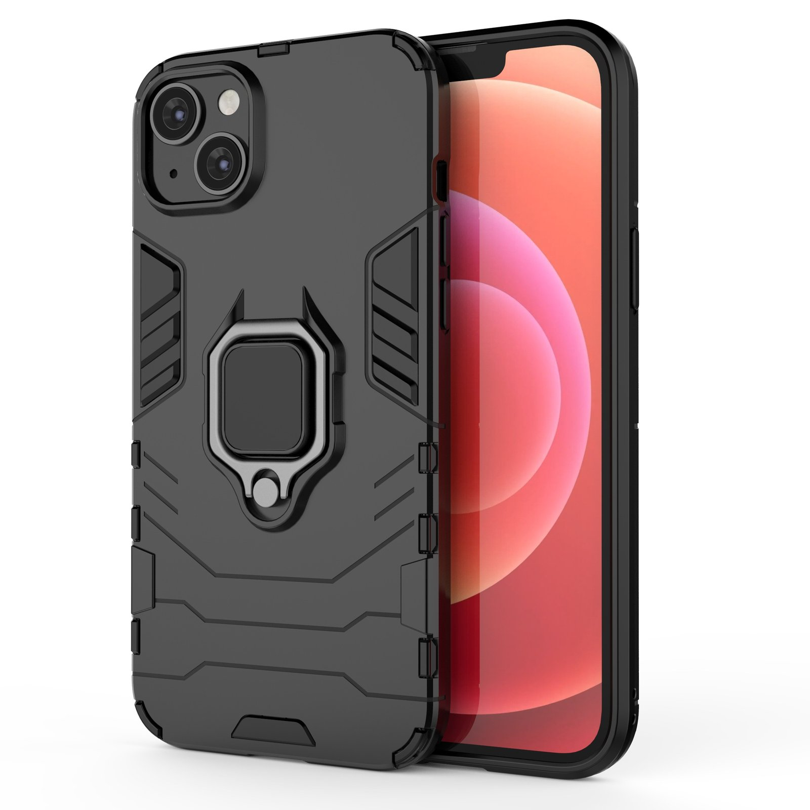 Funda negra con soporte de anillo, mostrando la pantalla del teléfono. Fondo blanco.