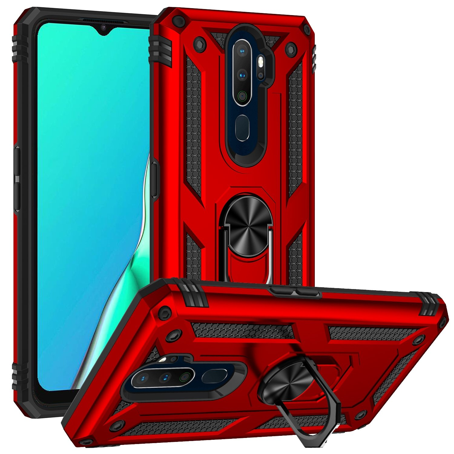 Se muestran dos fundas rojas para teléfono con soportes de anillo. Una está en ángulo y la otra muestra una pantalla.