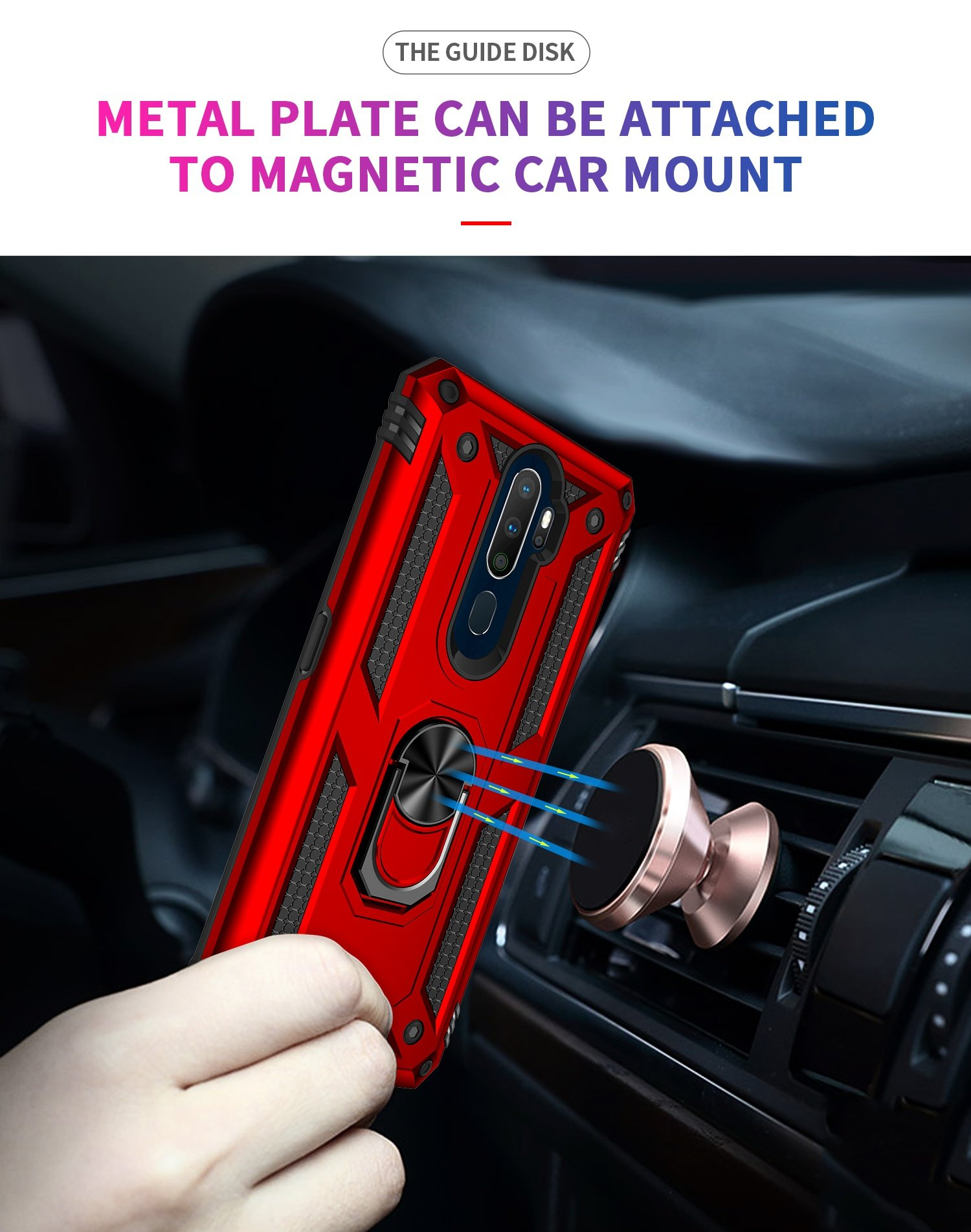 Funda roja para teléfono con soporte de anillo adjunto a la ventilación del automóvil. Soporte metálico para automóvil. Fondo oscuro.
