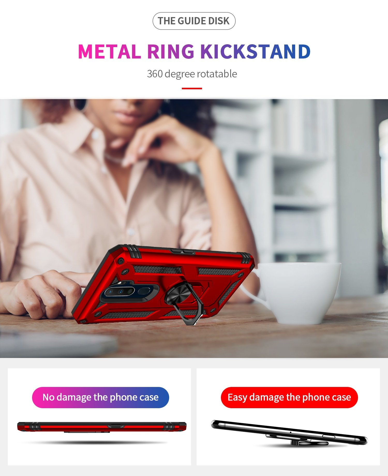 Una persona sostiene un teléfono con una funda roja. La funda tiene un anillo.