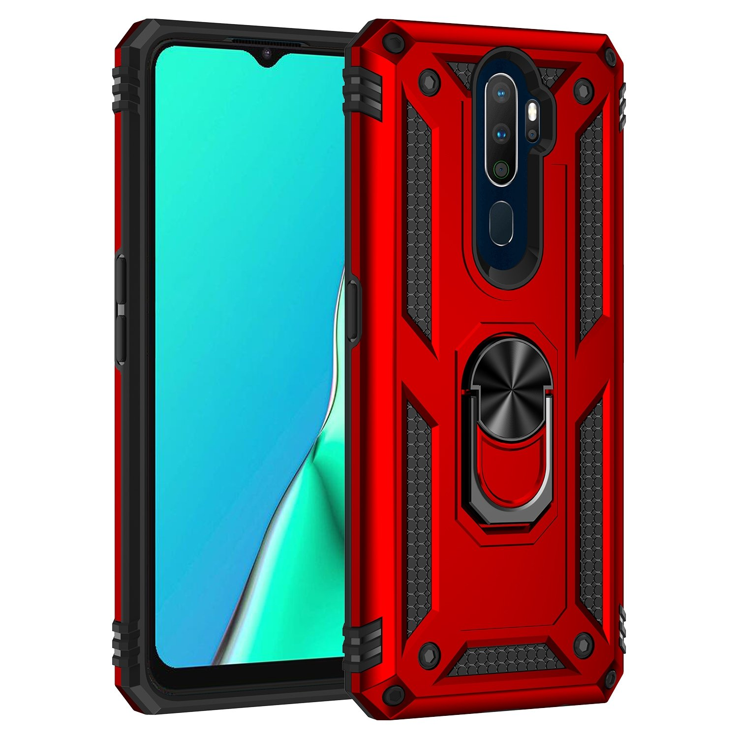 Funda roja con detalles negros y anillo. El teléfono está a la izquierda. El fondo es blanco.