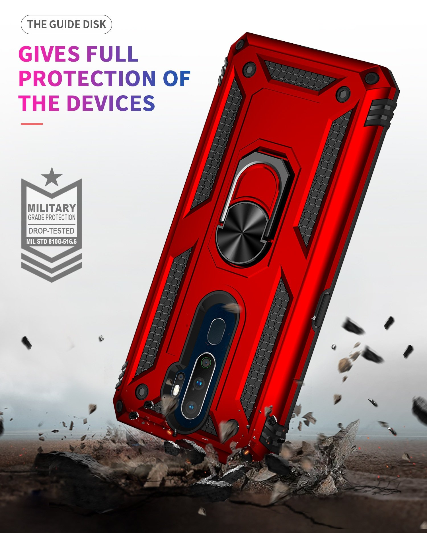 Funda roja cayendo y rompiéndose. Texto: Ofrece Protección Completa, Protección de Grado Militar.