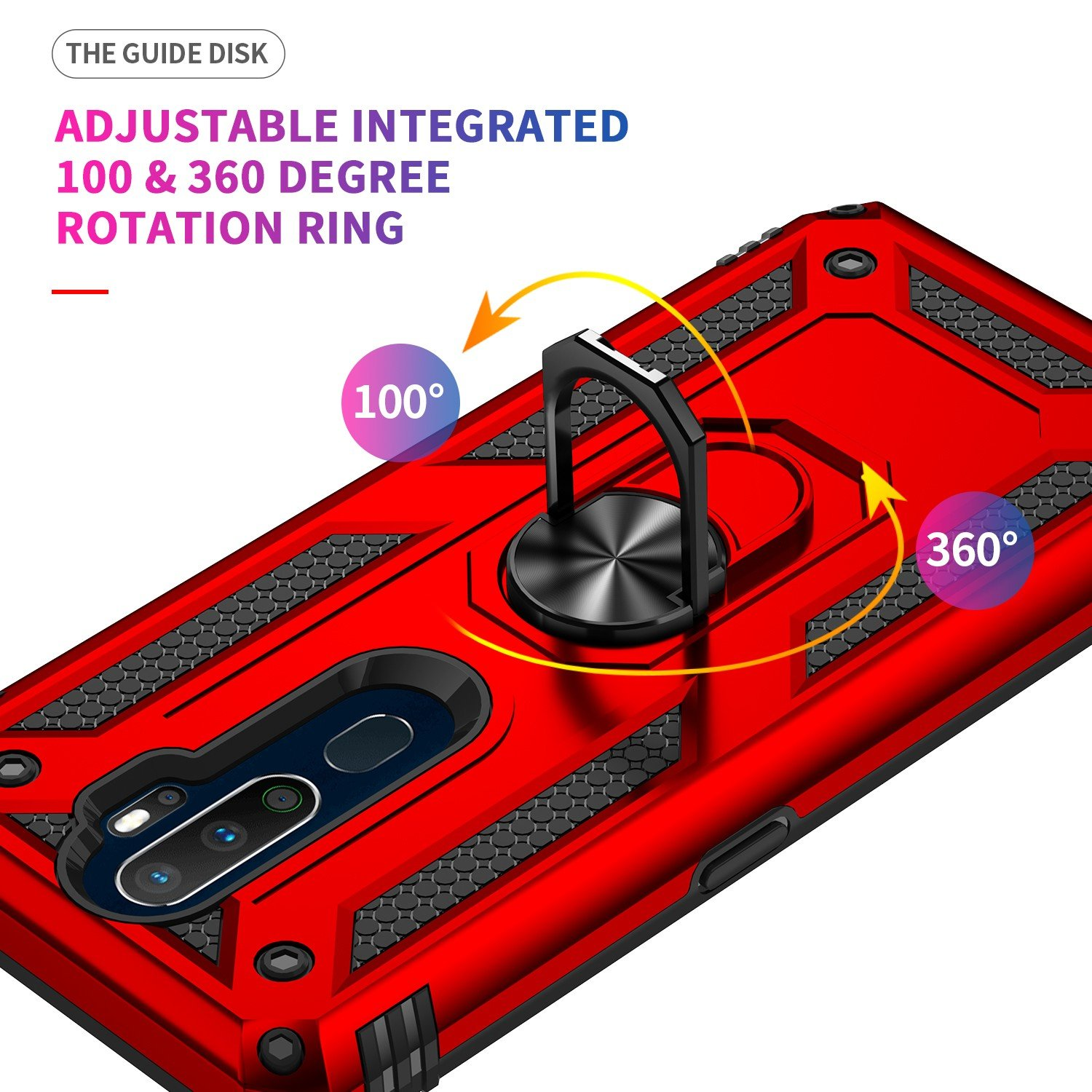 Funda roja para teléfono con soporte de anillo. El texto dice: Anillo giratorio ajustable de 100 y 360 grados.