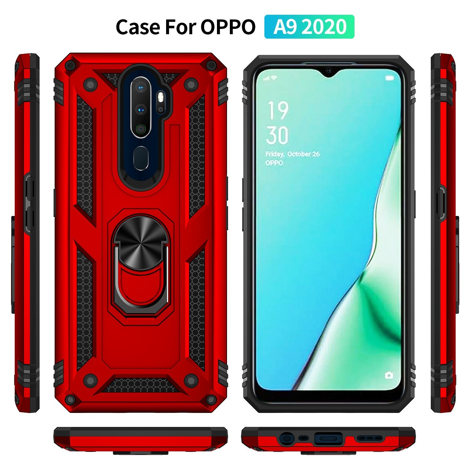 Múltiples vistas de una funda roja para teléfono con soporte de anillo negro. El texto dice: 'Case For OPPO A9 2020'. El teléfono es visible.