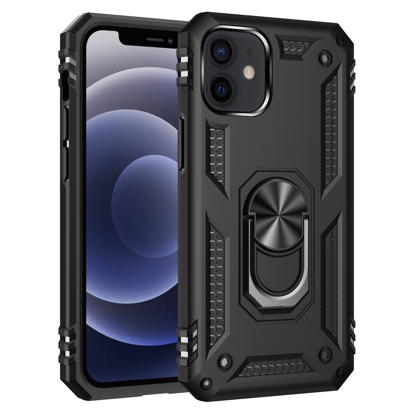 Funda de teléfono negra con soporte de anillo y teléfono dentro. Diseño robusto y protección de cámara.