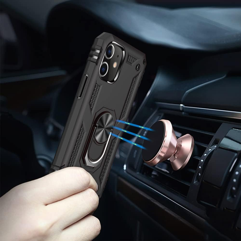 Funda de teléfono negra con soporte de anillo sujeta a una rejilla de ventilación. También hay un soporte magnético.
