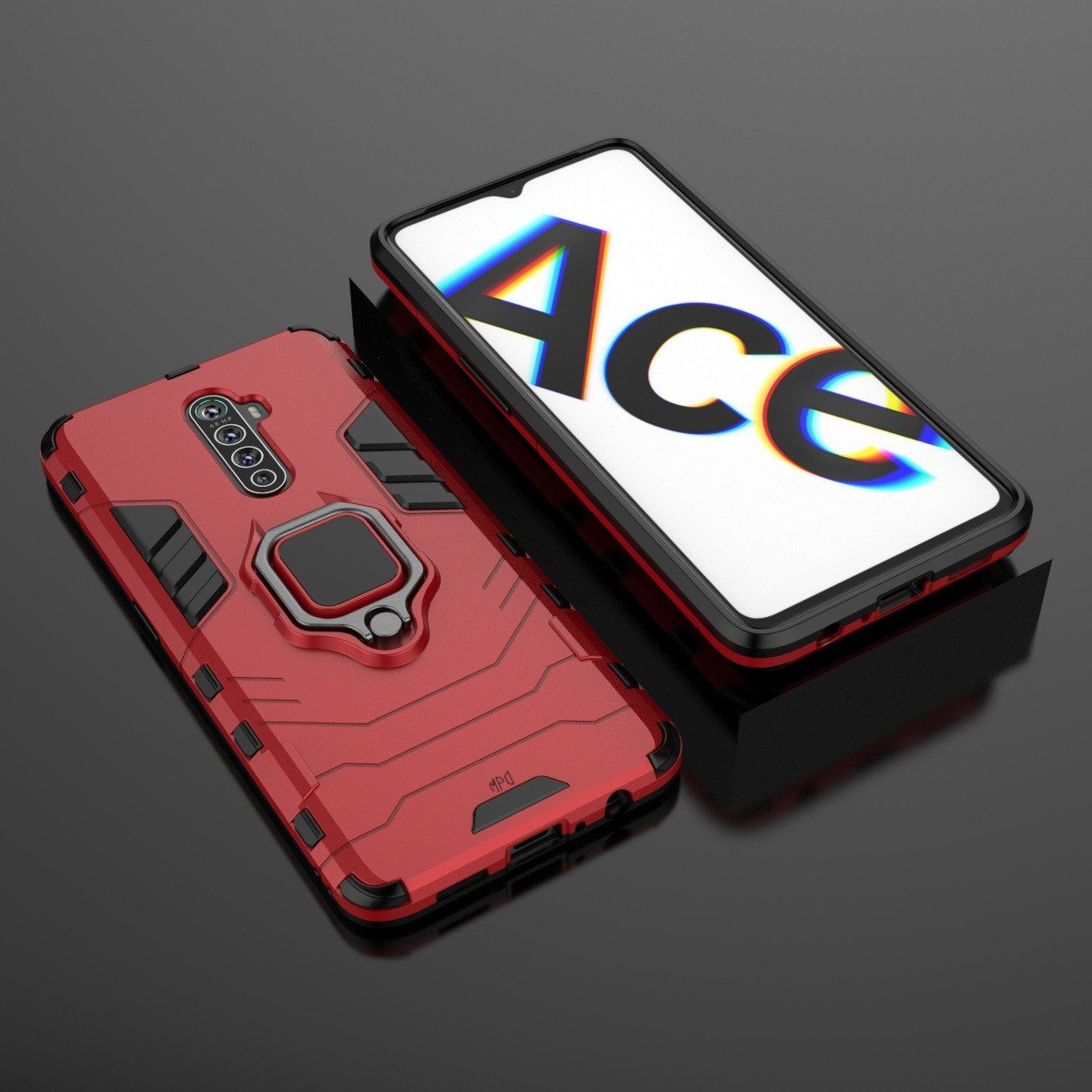 Dos teléfonos, uno en funda roja con soporte de anillo, el otro con texto en pantalla. Oscuro.