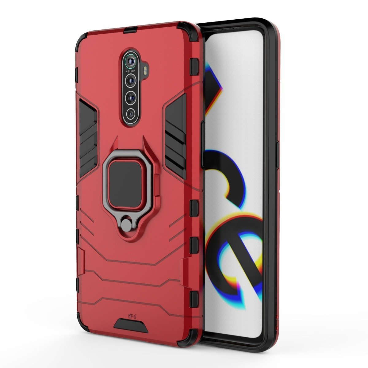 Funda roja para teléfono con soporte de anillo, mostrando un teléfono con pantalla colorida.