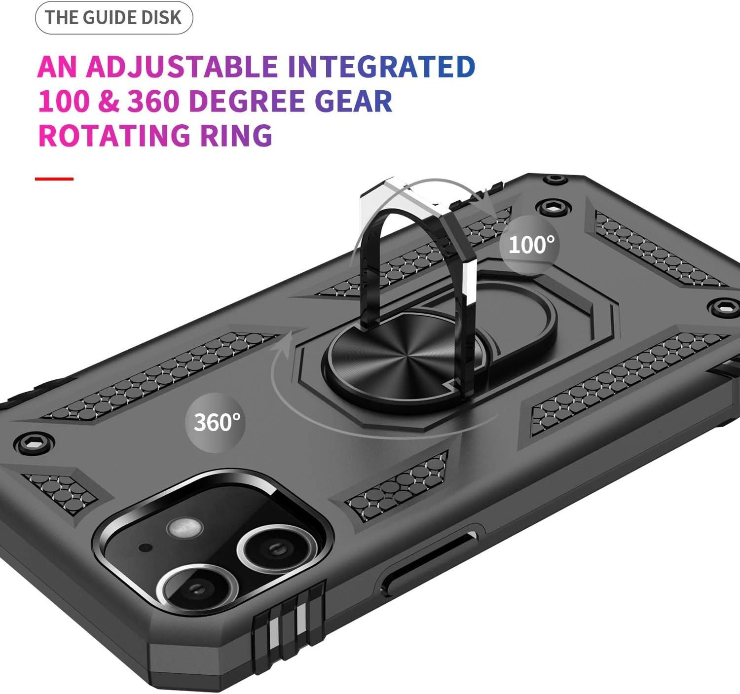 Funda negra para teléfono con soporte de anillo giratorio. Rotación 100 y 360 grados.