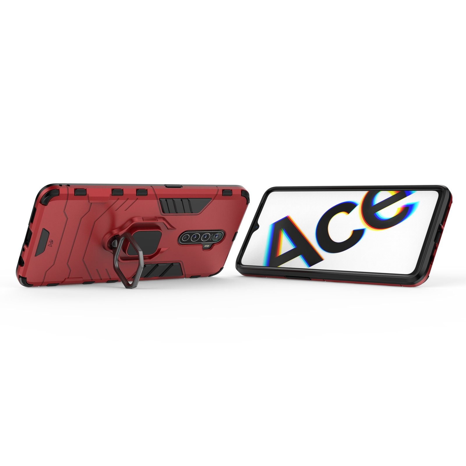 Funda roja con soporte de anillo y teléfono con ACE escrito.