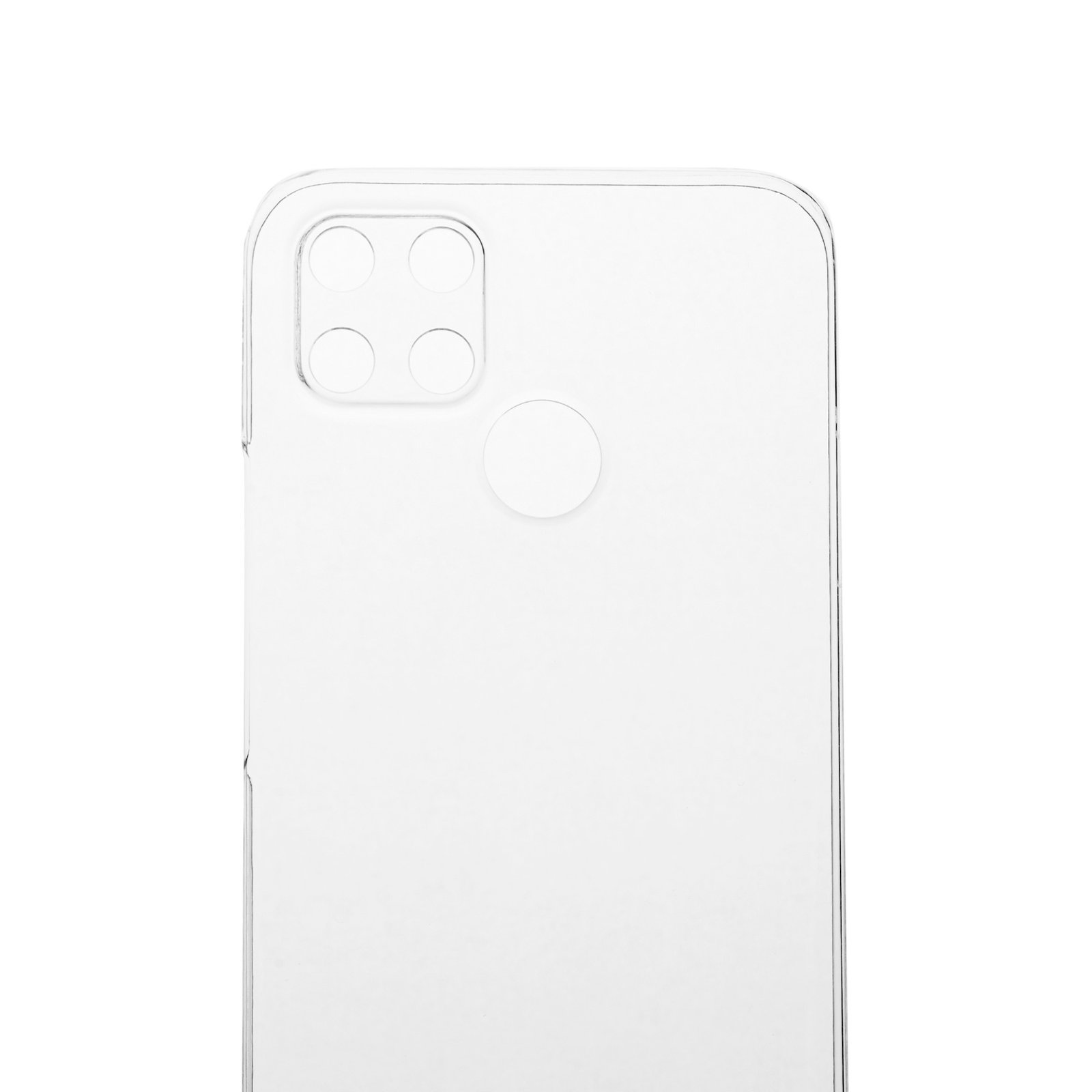 Primer plano de una funda transparente para teléfono. Fondo blanco. Muestra el recorte de la cámara y el flash.