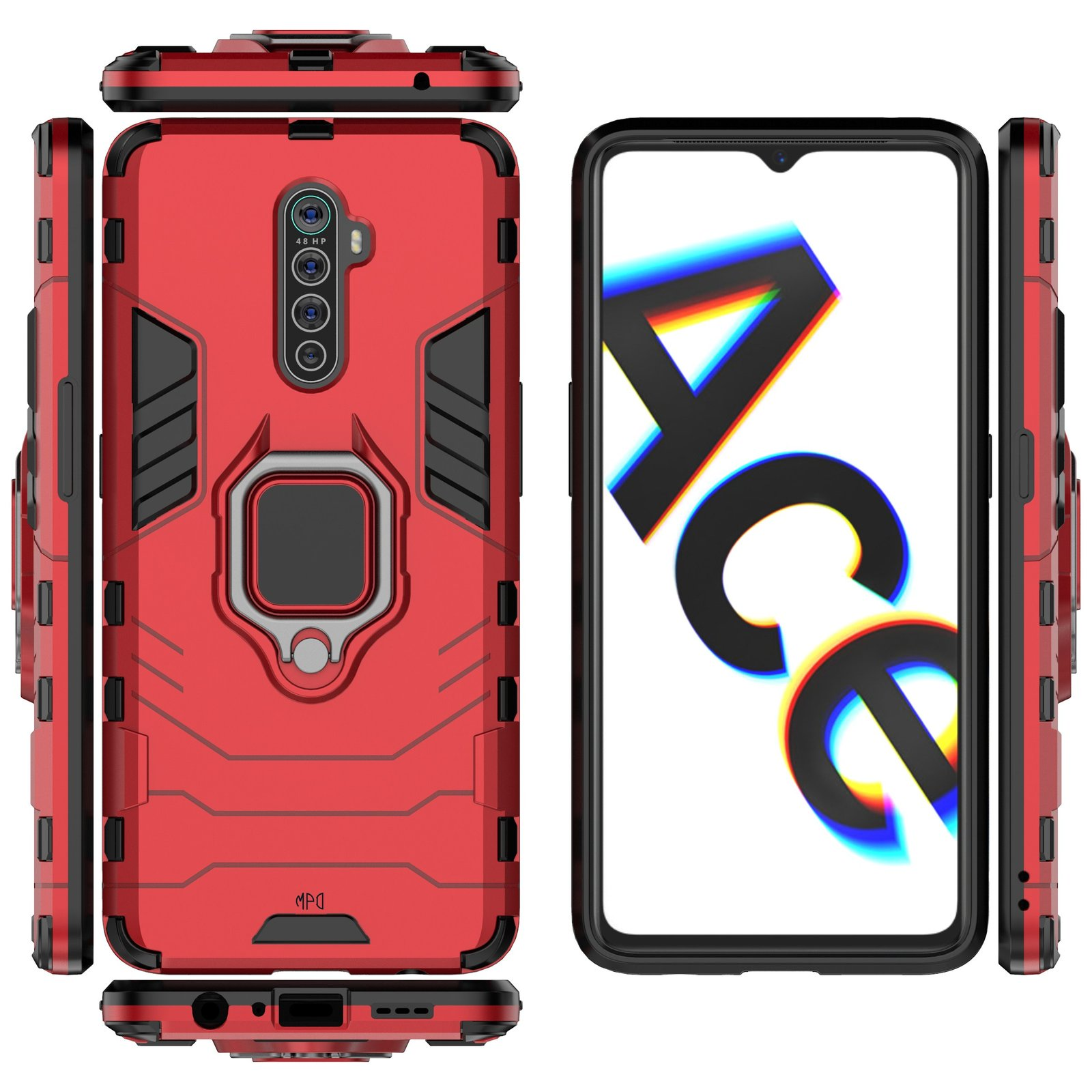 Funda de teléfono roja con soporte de anillo. Teléfono a la derecha con pantalla blanca y texto negro.